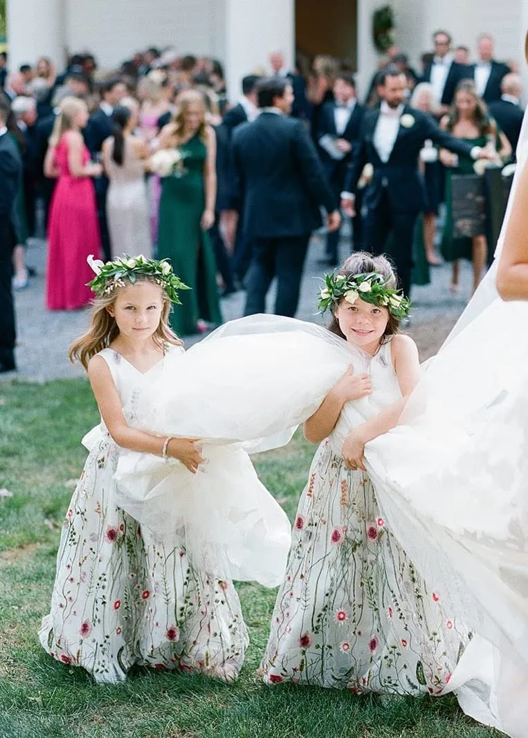 Garden Embroidered Tulle Satin Girl Dress in White