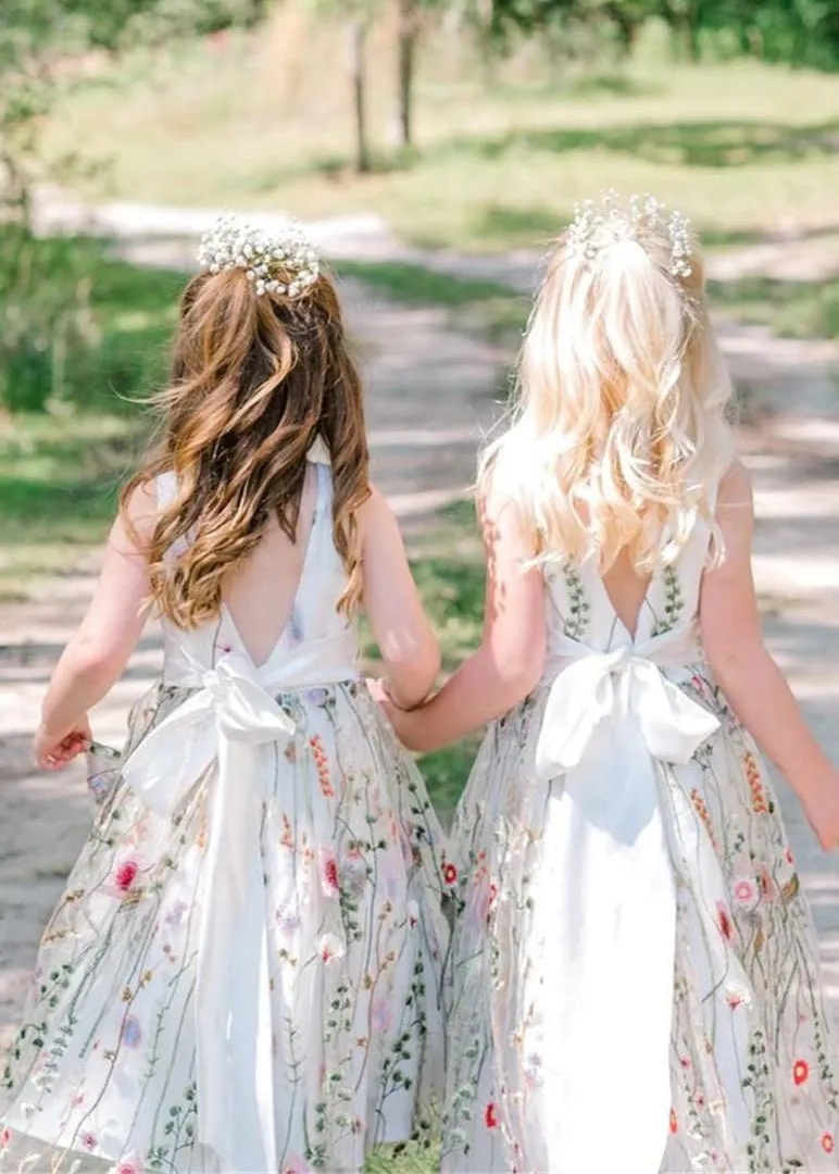 Garden Embroidered Tulle Satin Girl Dress in White