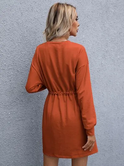Geneva Drawstring Round Neck Dropped Shoulder Mini Dress