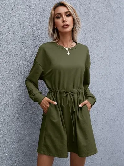 Geneva Drawstring Round Neck Dropped Shoulder Mini Dress