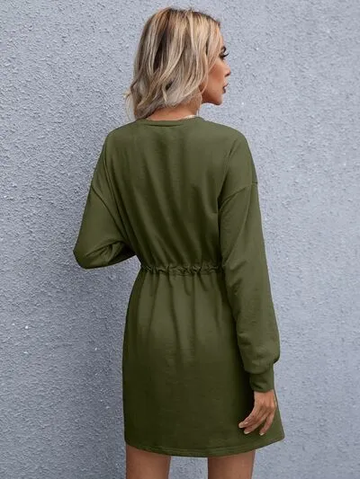 Geneva Drawstring Round Neck Dropped Shoulder Mini Dress