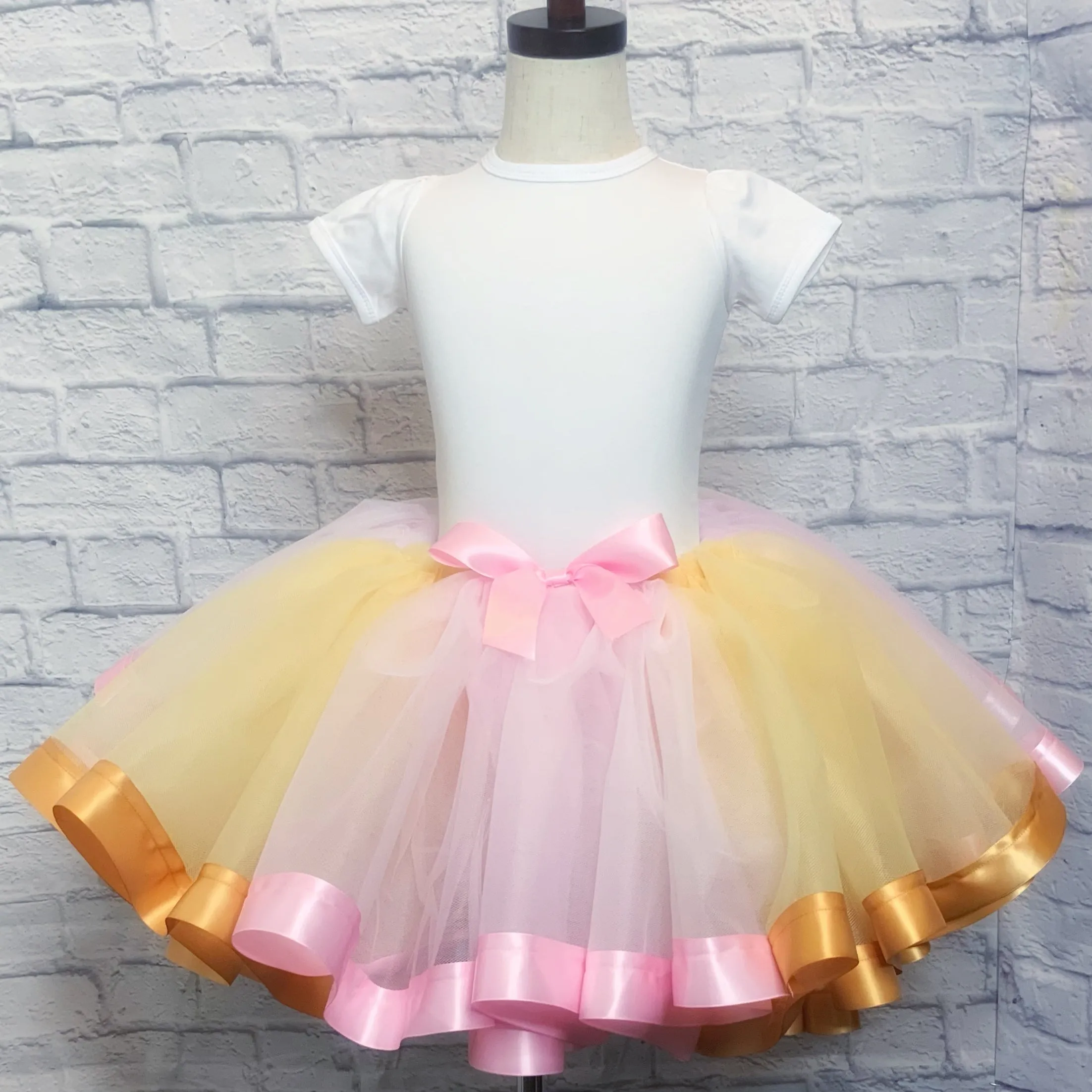 Gold & Light Pink Tutu / Gold & Light Pink Ribbon Trim w/ Pink Bow