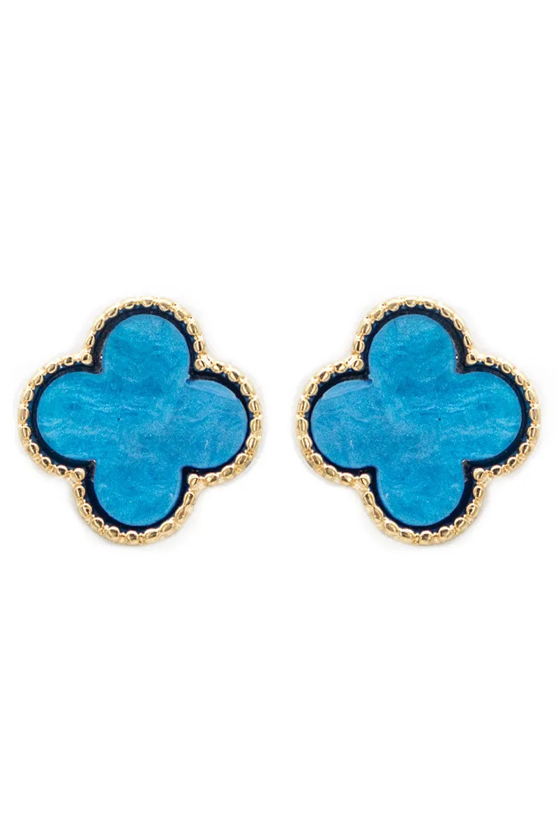 Goldtone Trimmed Blue Shell Quatrefoil Earrings