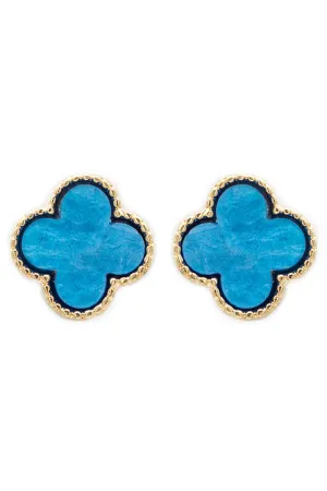 Goldtone Trimmed Blue Shell Quatrefoil Earrings