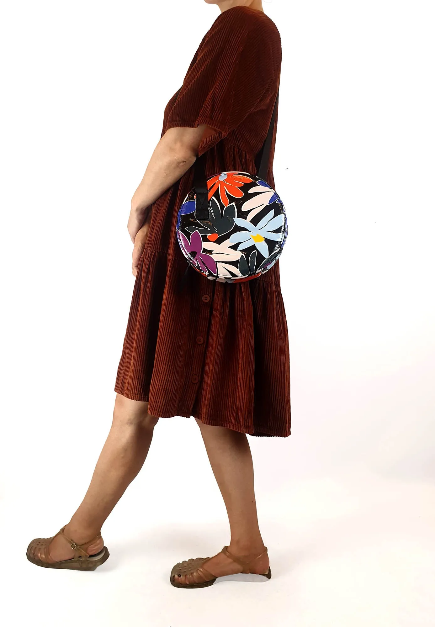 Gorman vibrant faux leather flower print round shaped bag