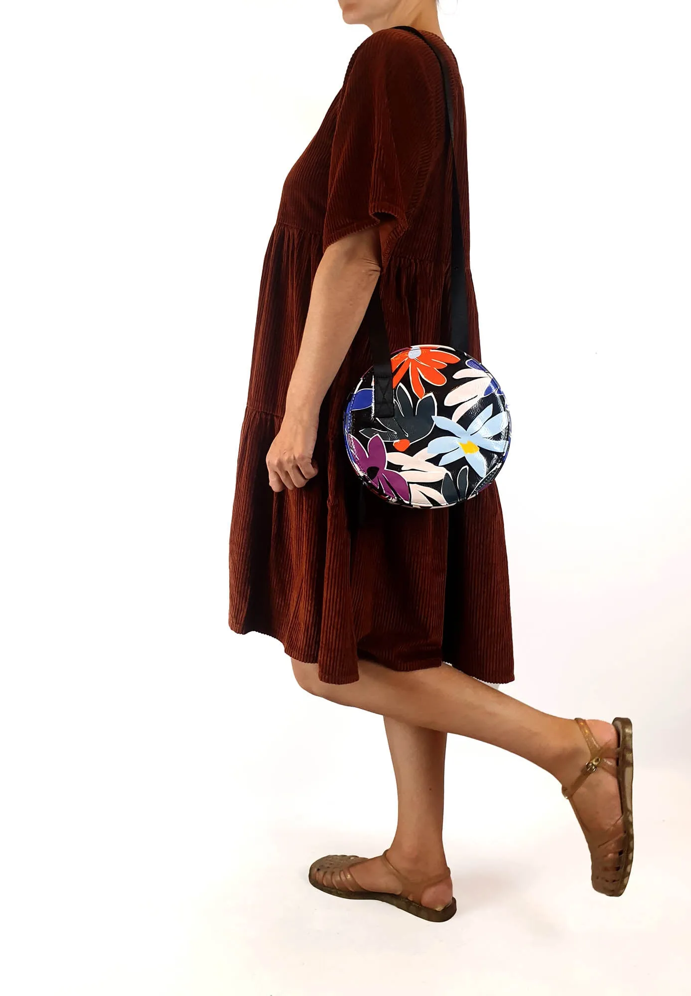 Gorman vibrant faux leather flower print round shaped bag