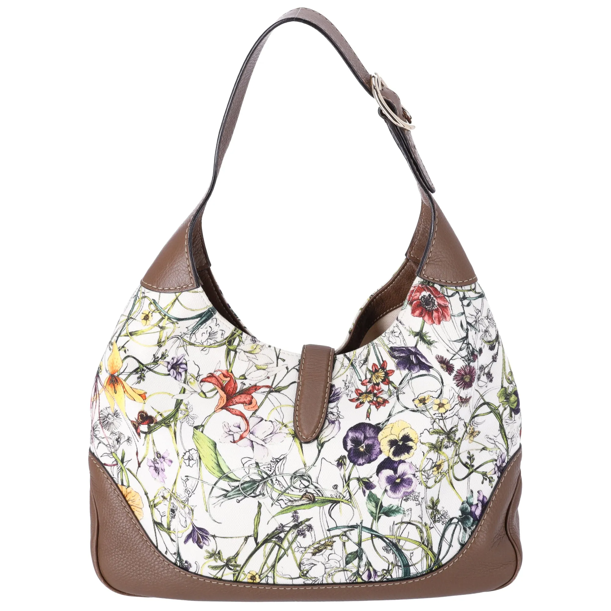 GUCCI Flora Jackie Shoulder Bag 277520 White Brown Multi Canvas Leather