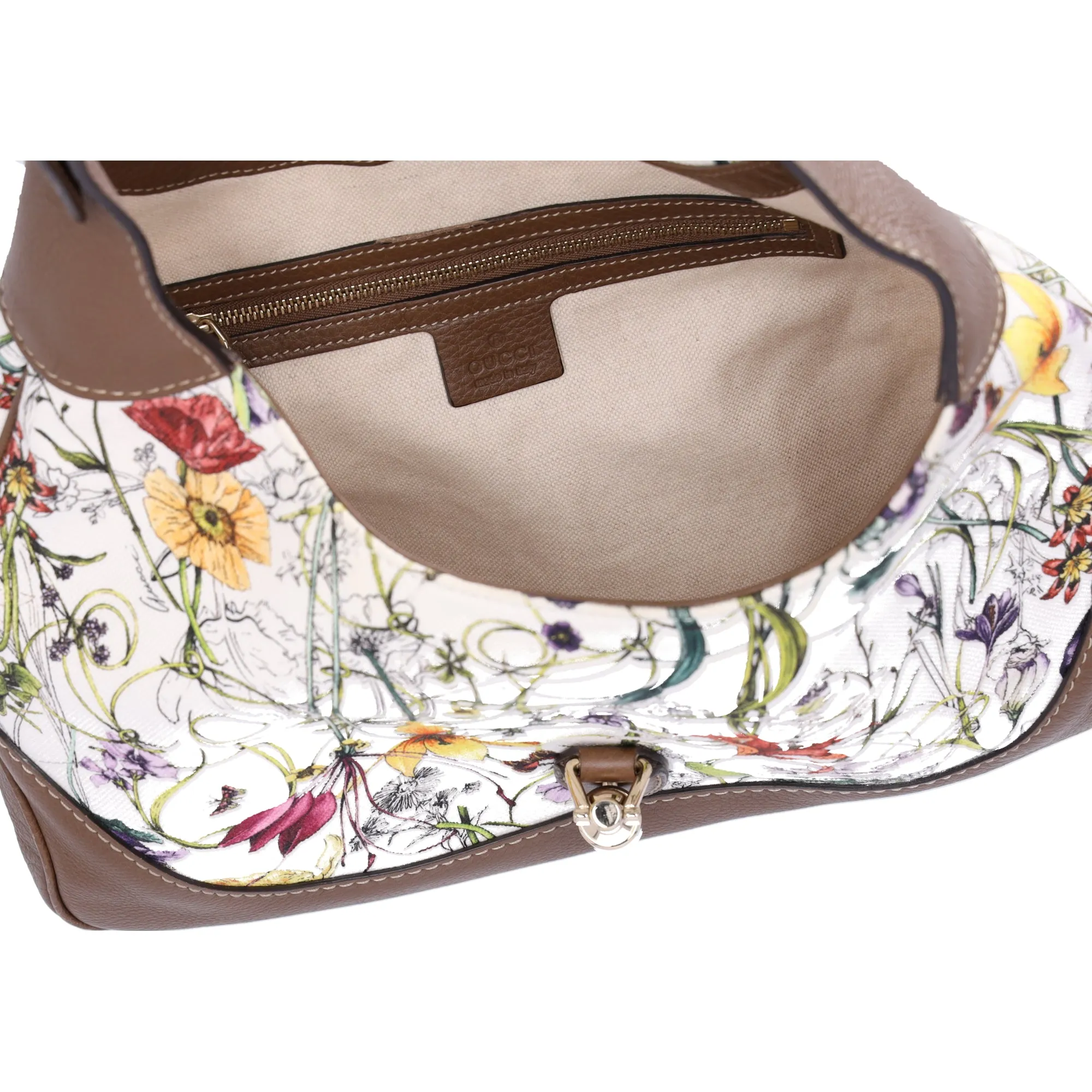 GUCCI Flora Jackie Shoulder Bag 277520 White Brown Multi Canvas Leather
