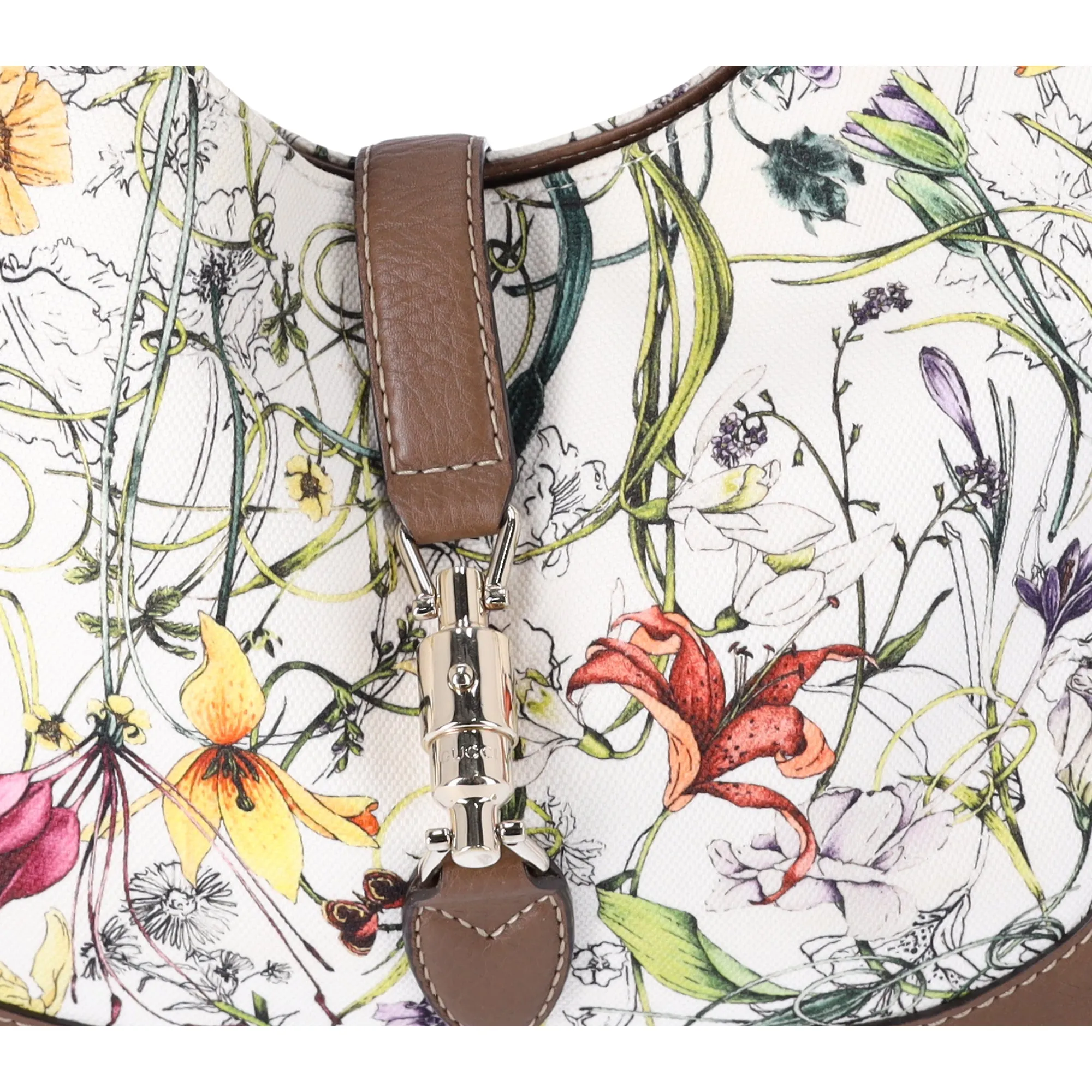 GUCCI Flora Jackie Shoulder Bag 277520 White Brown Multi Canvas Leather