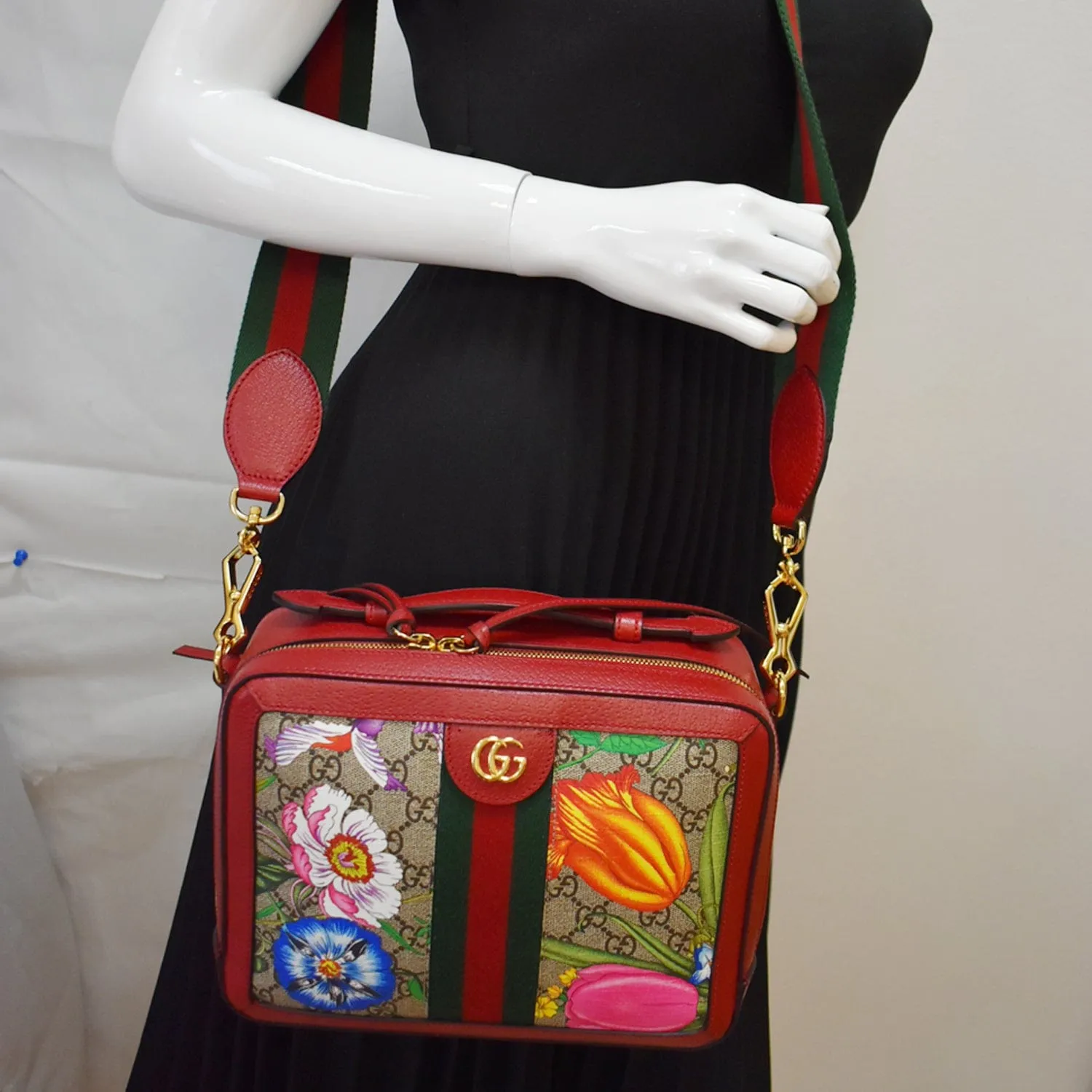 GUCCI Ophidia Flora Web Small Top Handle Shoulder Bag Red 550622