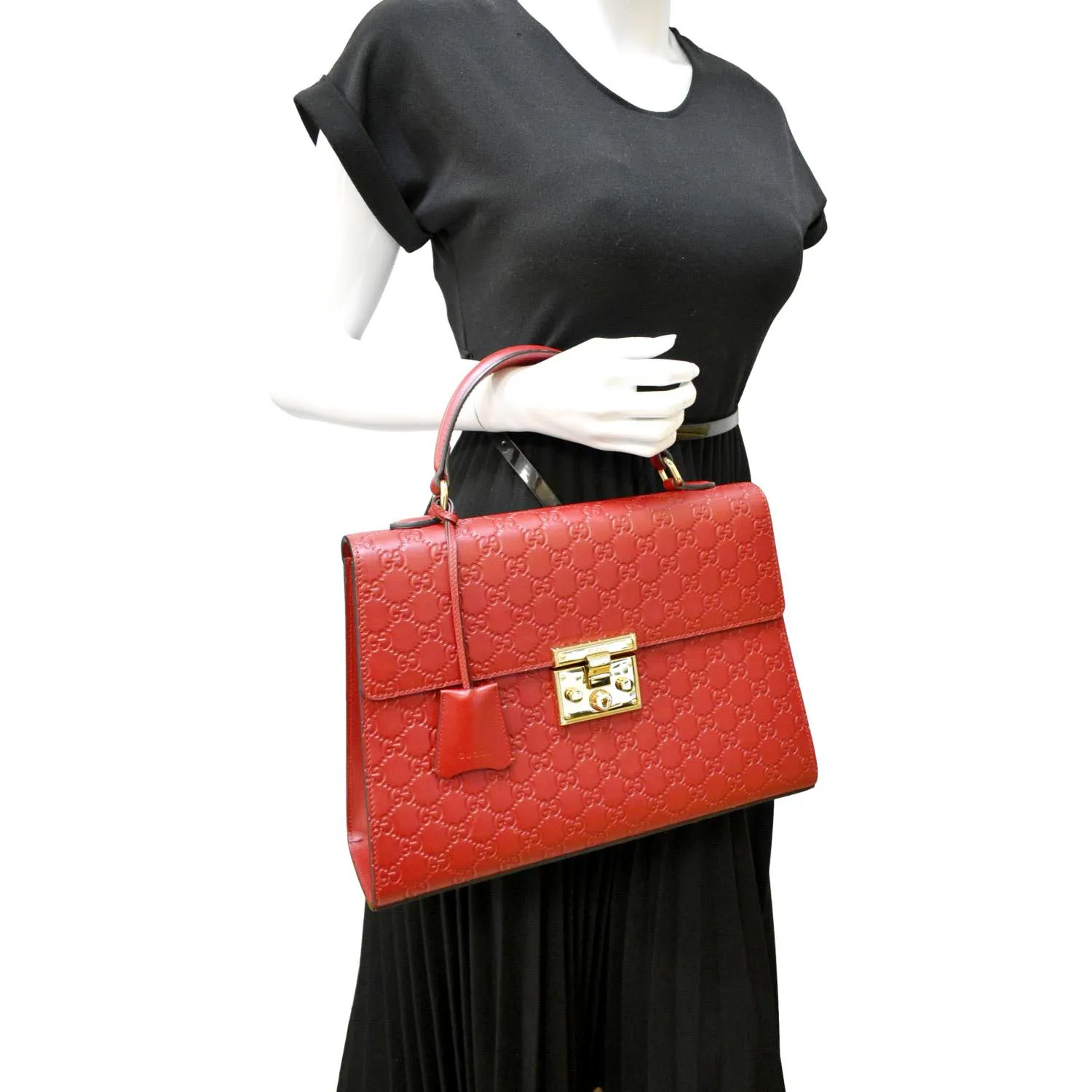 GUCCI Signature Medium Padlock Leather Top Handle Shoulder Bag Red 428208