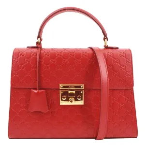 GUCCI Signature Medium Padlock Leather Top Handle Shoulder Bag Red 428208