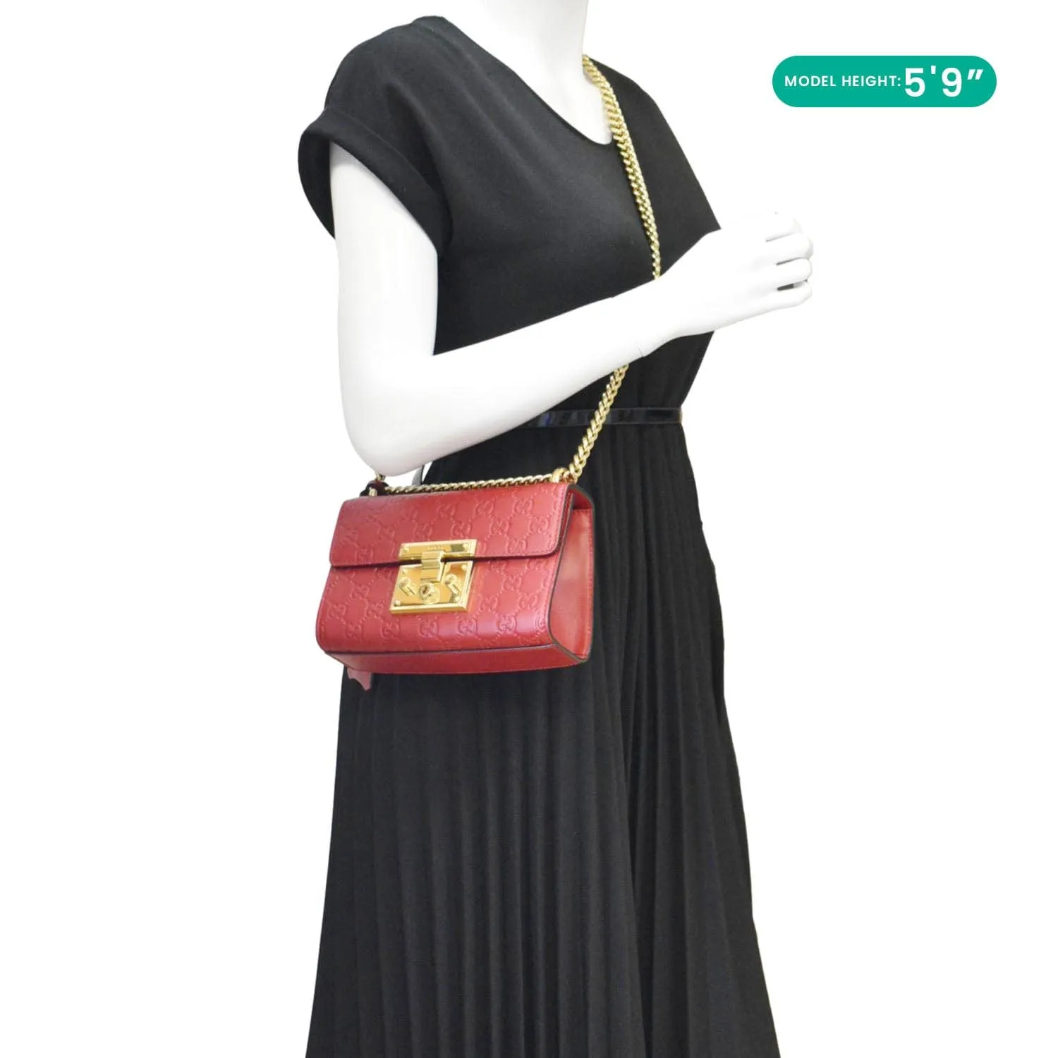 GUCCI Signature Padlock Leather Top Handle Shoulder Bag Red 409487