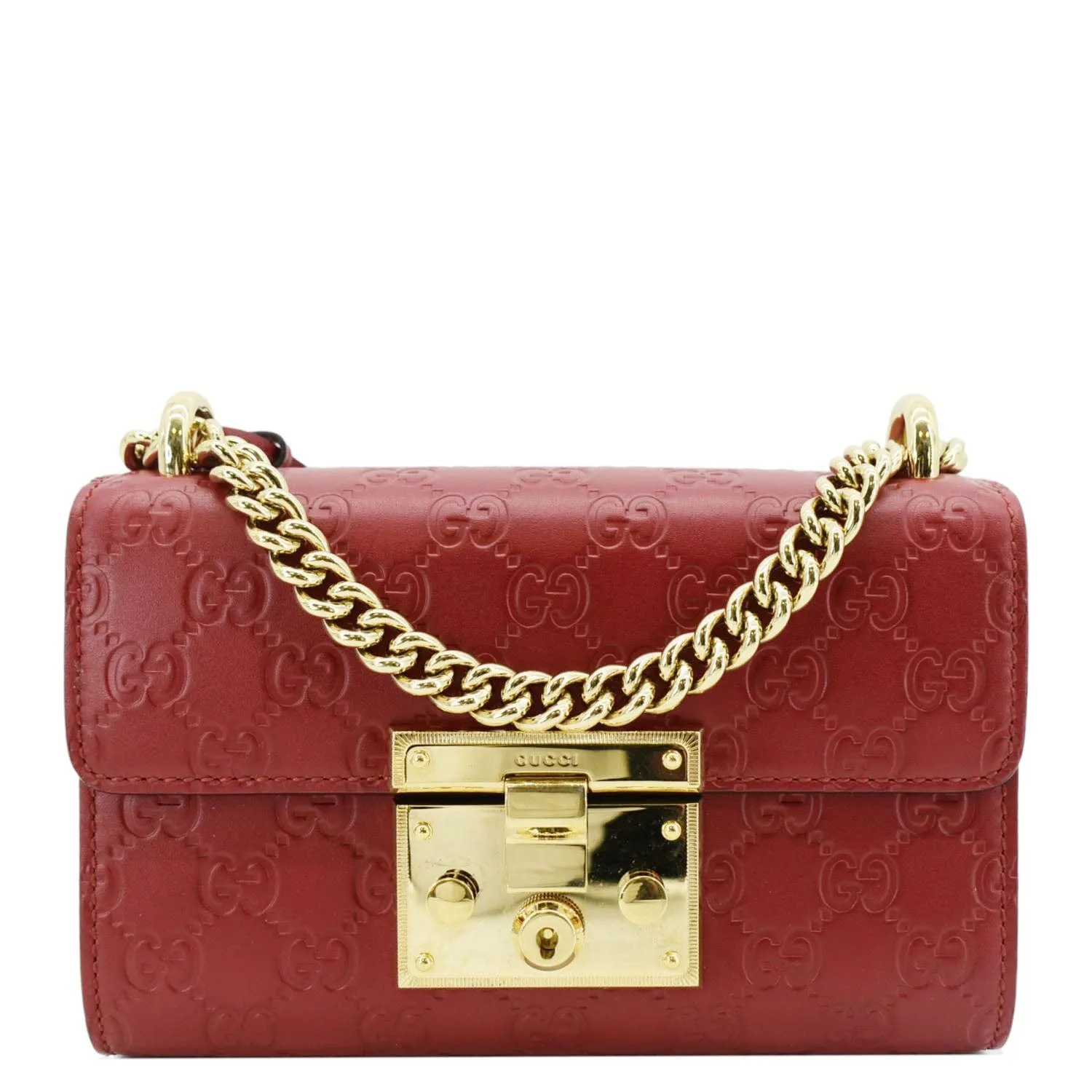 GUCCI Signature Padlock Leather Top Handle Shoulder Bag Red 409487