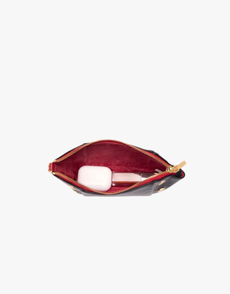 Hammitt Paul Pocket Clutch in Black Press & Brushed Gold with Red Zip