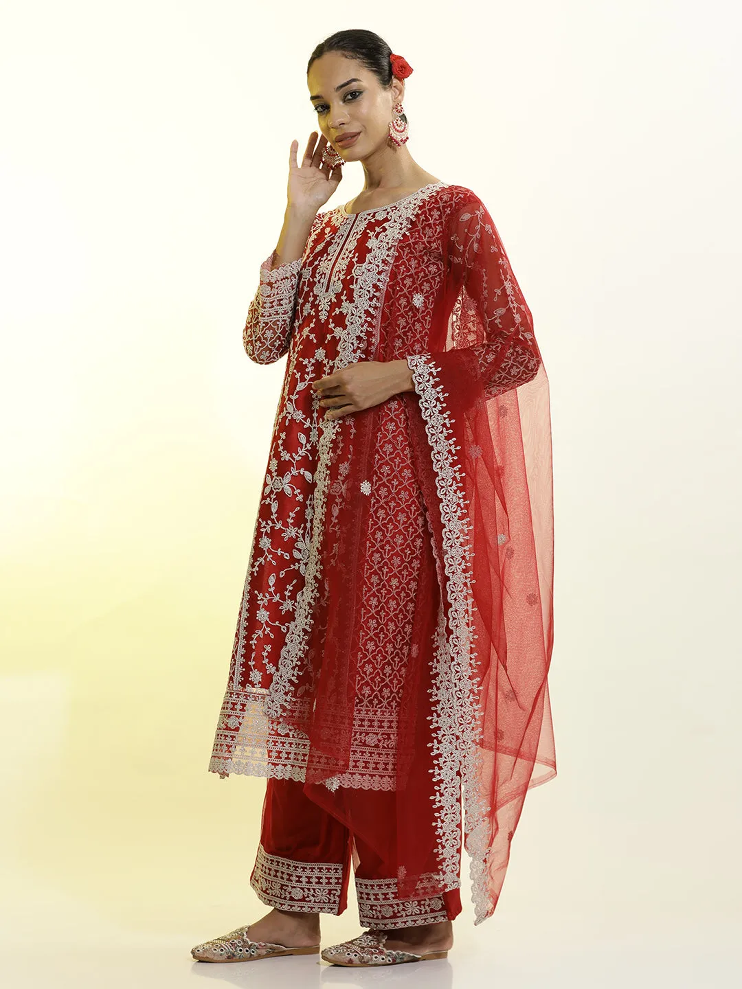 Heavy Embroidered Net Kurta Set With Dupatta