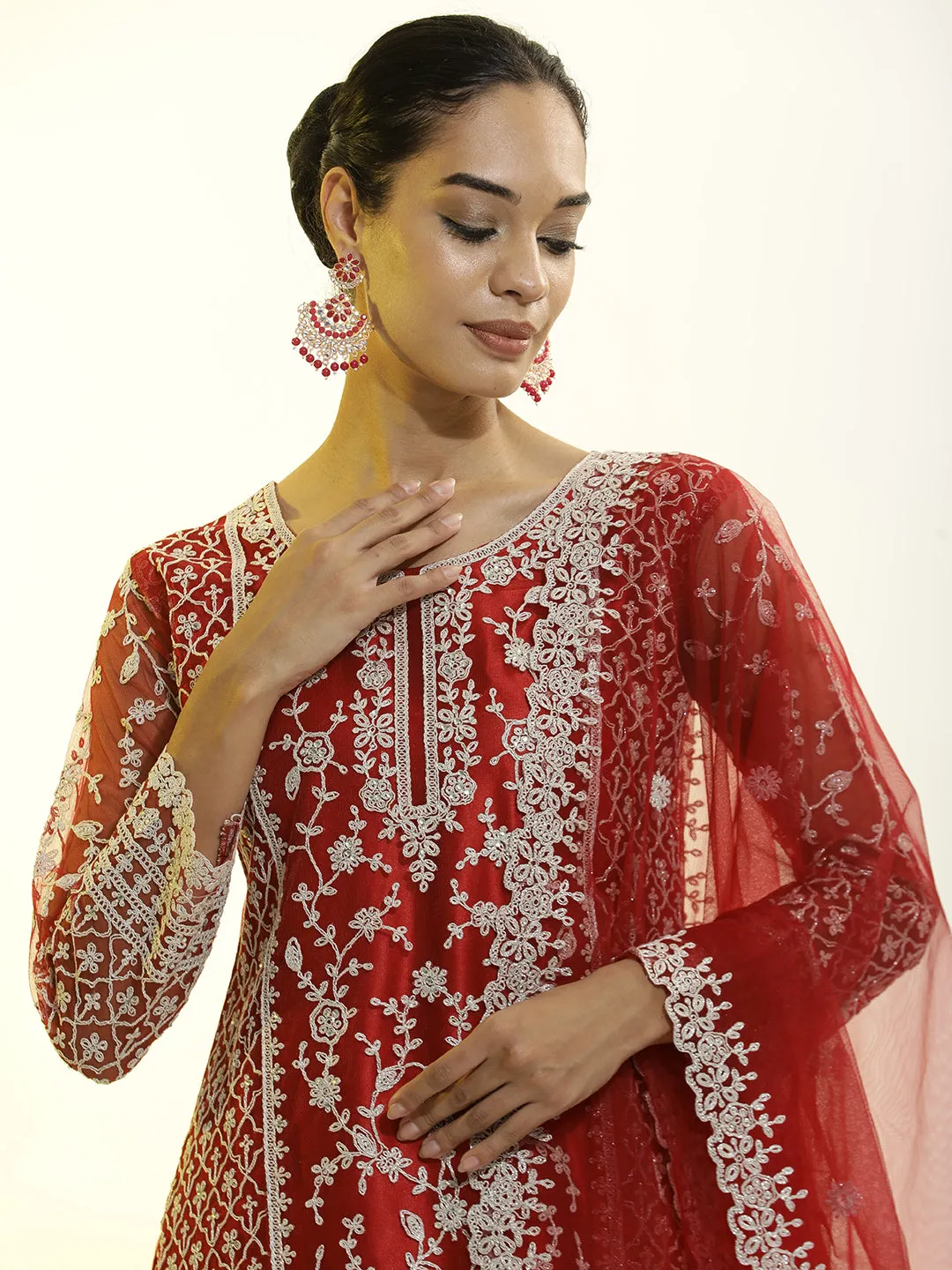 Heavy Embroidered Net Kurta Set With Dupatta