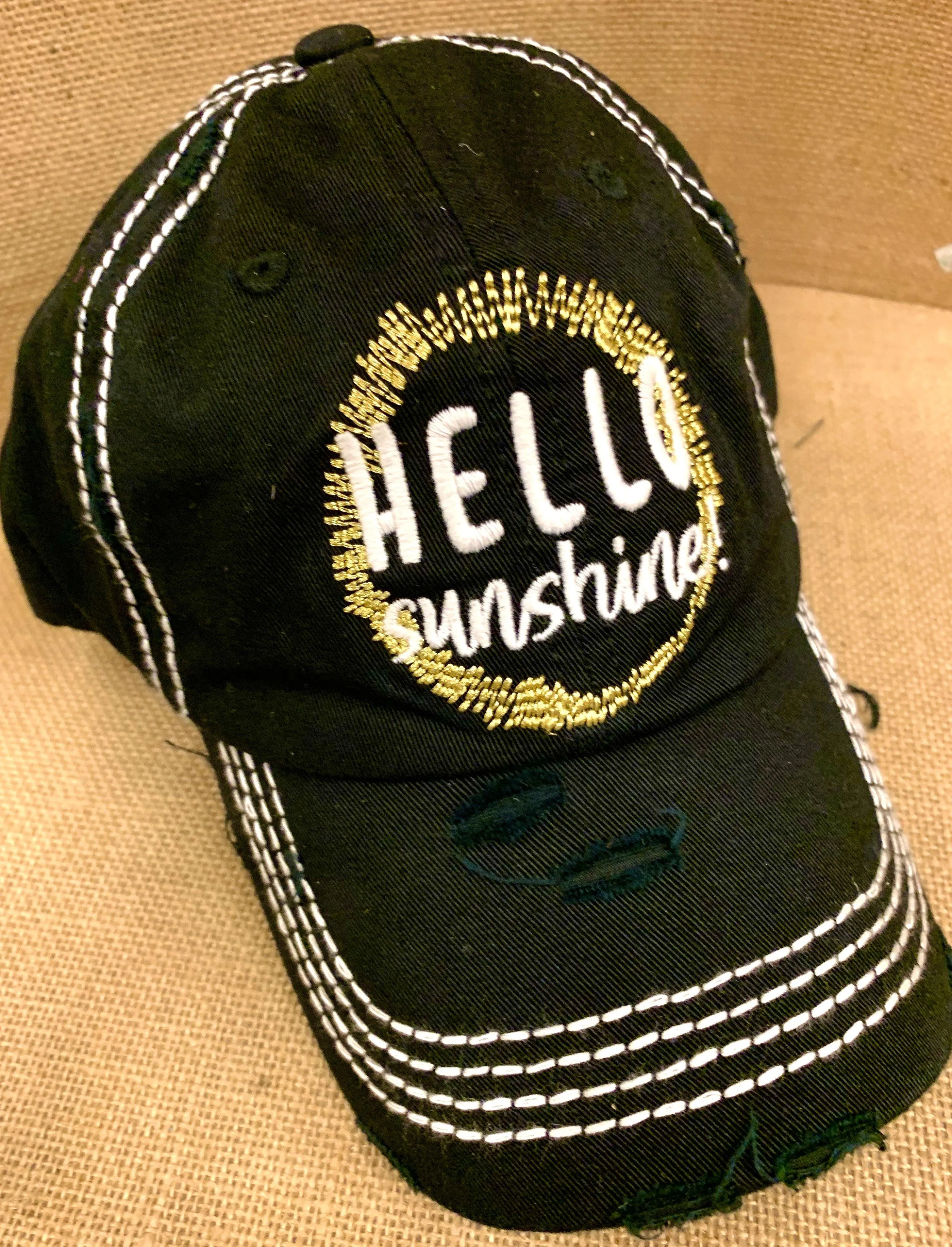 HELLO SUNSHINE hat Embroidered black distressed womens trucker cap
