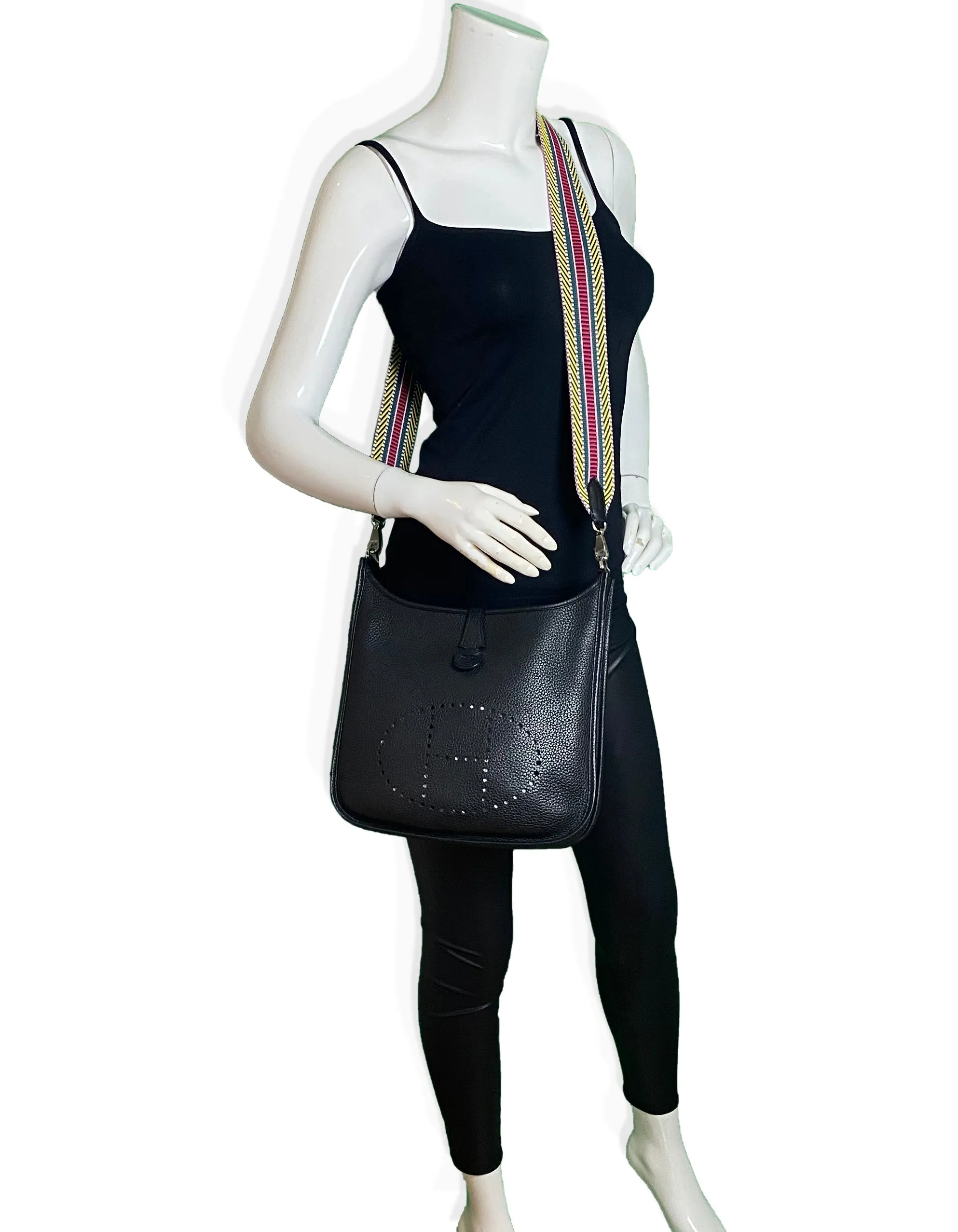 Hermes 2018 Multicolore Toile Canvas Noir Leather Sangle Cavale 50mm Bag Strap