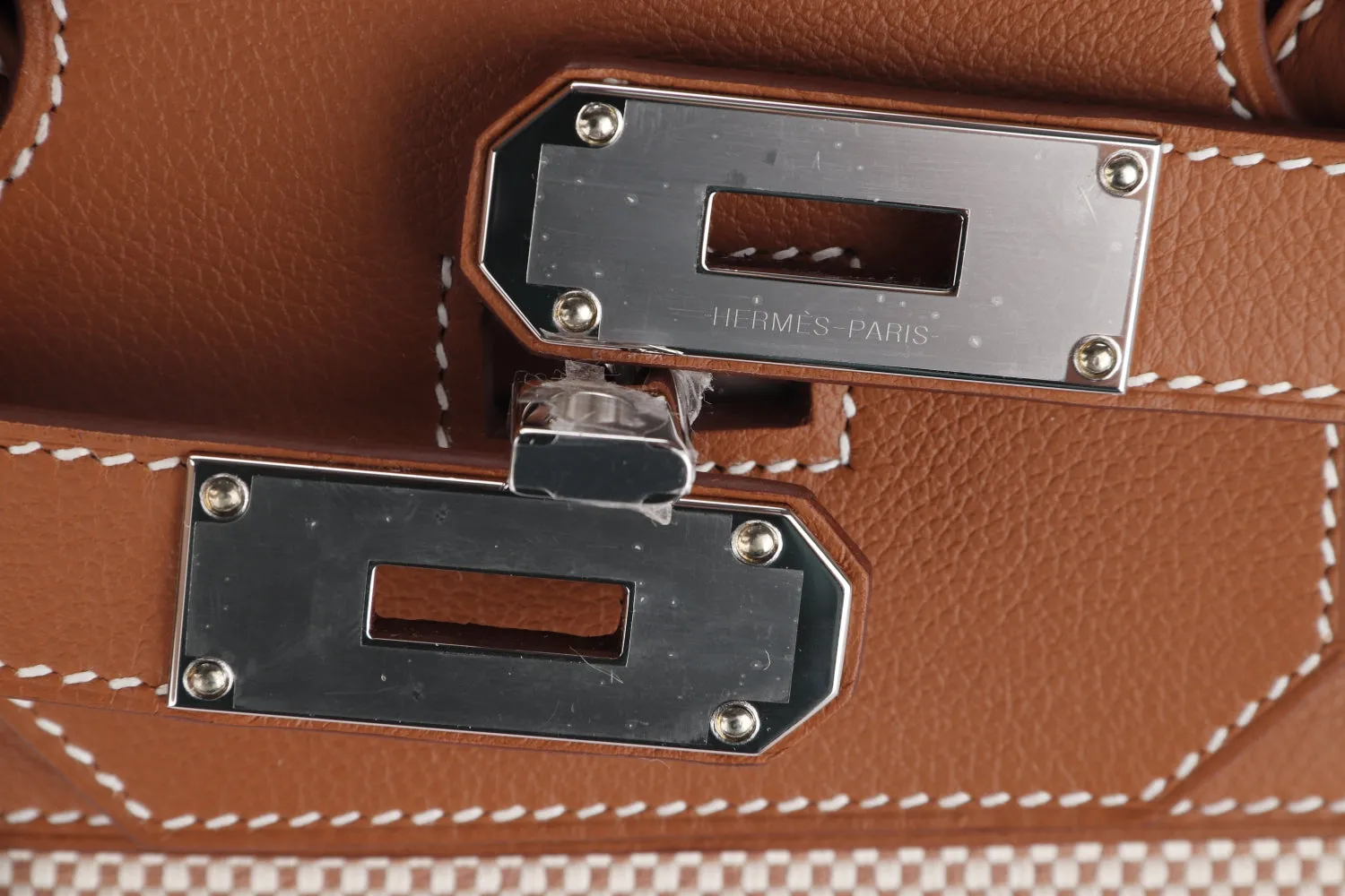 Hermes HAC 40 (Stamp Z), Criss Gold Evercolor Leather with Beige Toile, Silver Hardware, with Keys, Lock, Dust Cover & Box