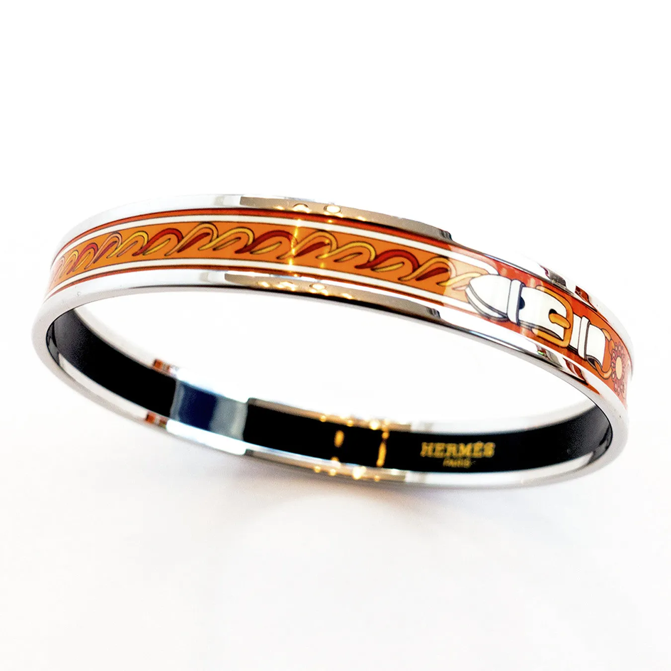 Hermes Orange White Printed Enamel Bracelet Bangle 70