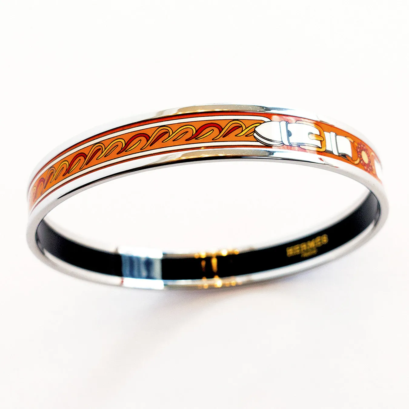 Hermes Orange White Printed Enamel Bracelet Bangle 70