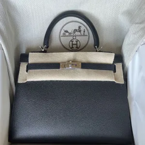 Hermès Kelly 25 Noir (Black) Sellier Epsom Palladium Hardware PHW