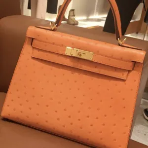 Hermès Kelly 28 Abricot Sellier Ostrich Gold Hardware GHW