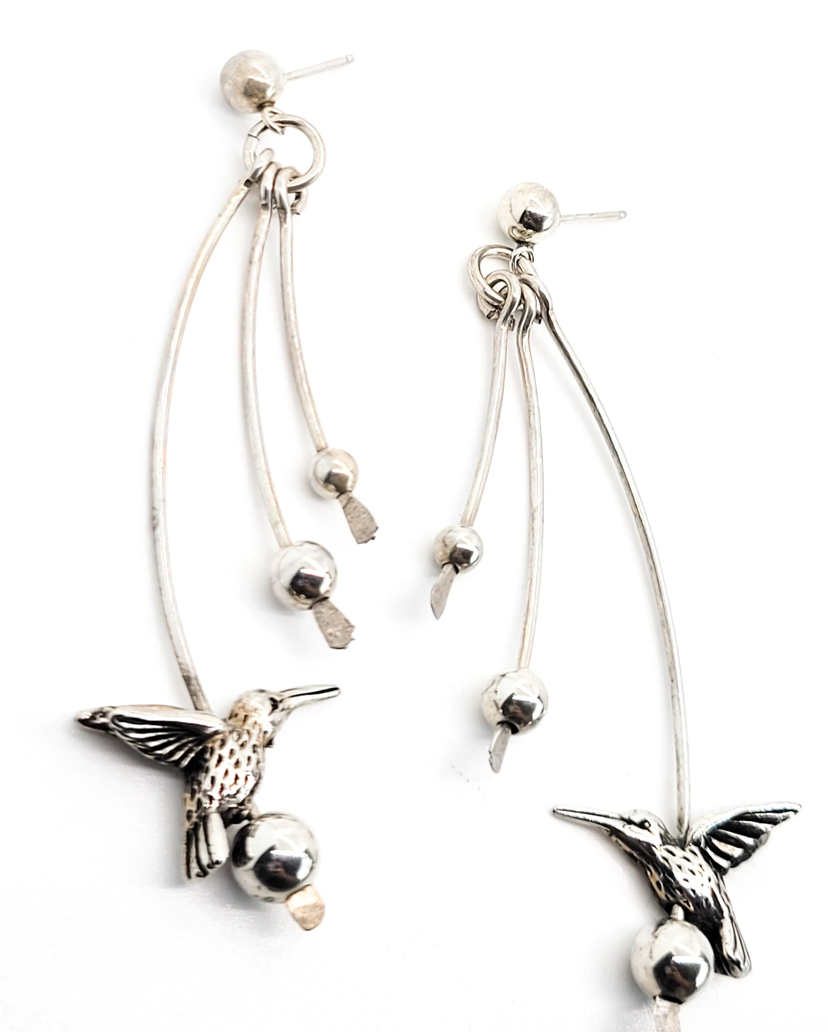 Hummingbird extra long drop sterling silver vintage artisan crafted bird earrings
