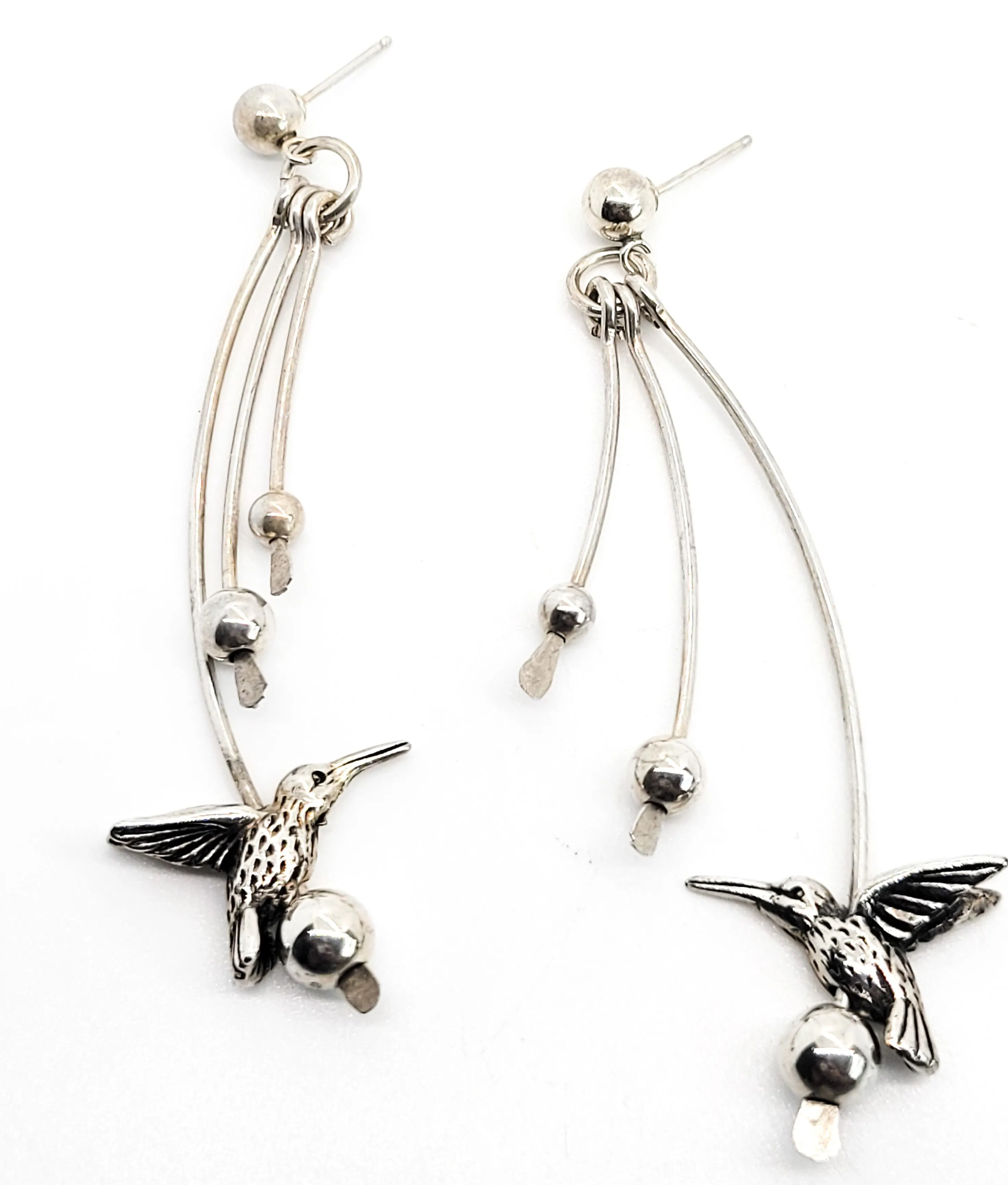 Hummingbird extra long drop sterling silver vintage artisan crafted bird earrings
