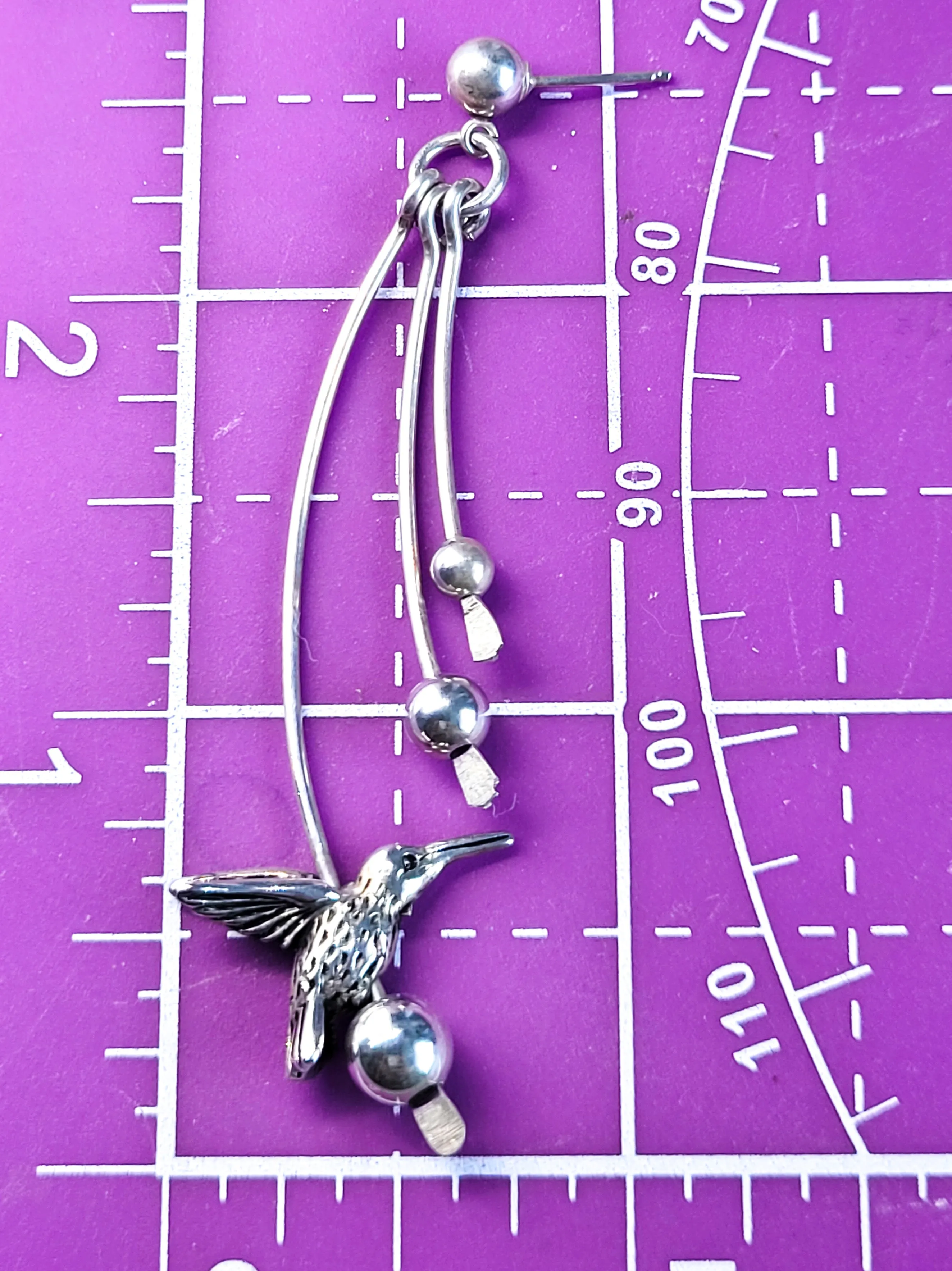Hummingbird extra long drop sterling silver vintage artisan crafted bird earrings
