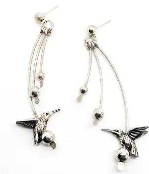 Hummingbird extra long drop sterling silver vintage artisan crafted bird earrings