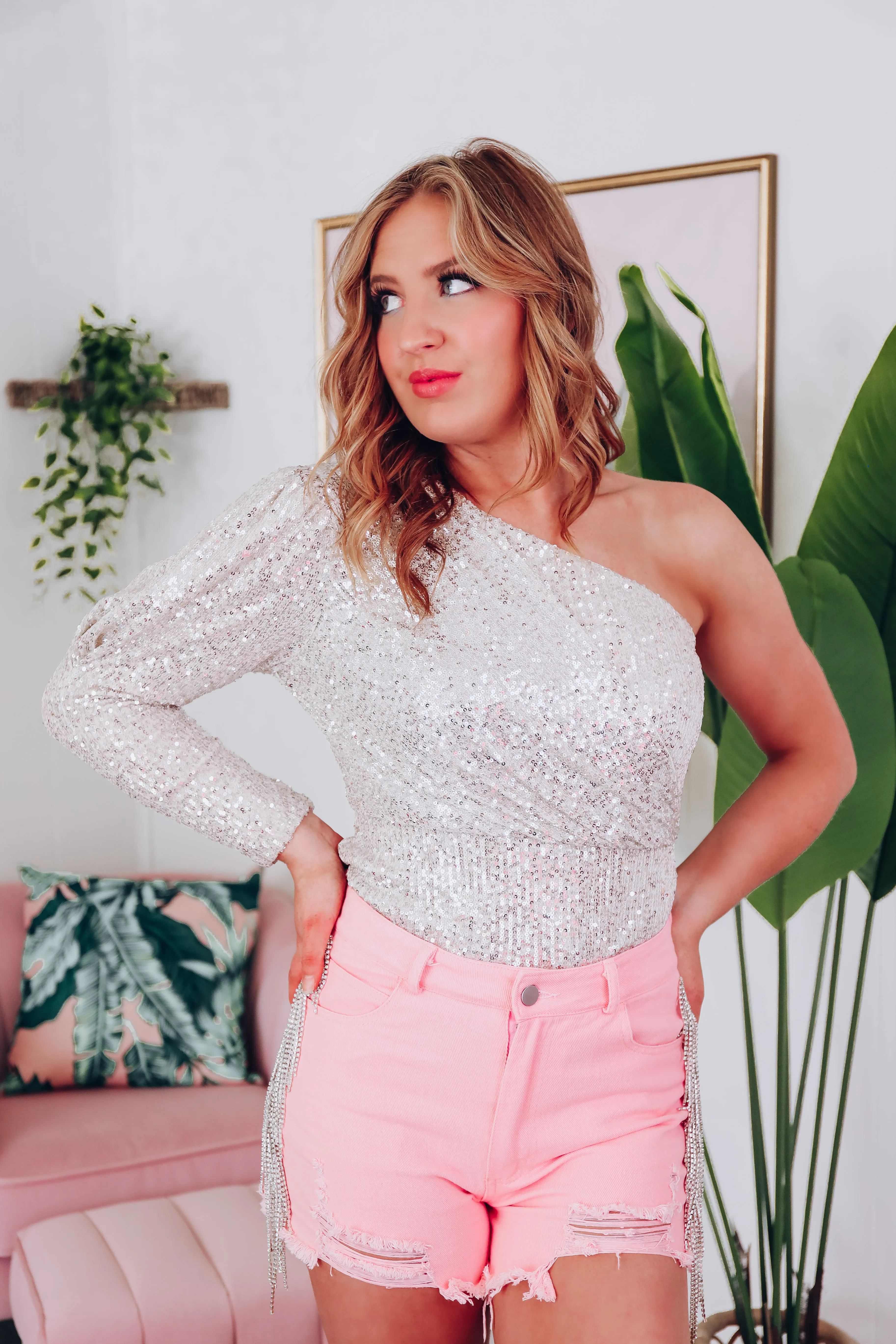 I'm So Fancy One Shoulder Sequin Top - Champagne