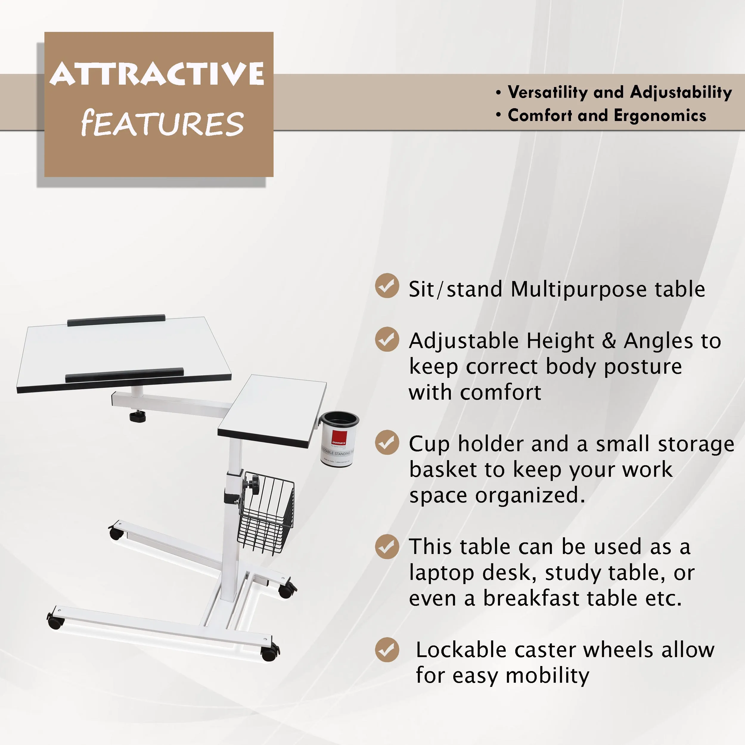 Isomars Metal 360° Rotatable Table Laptop Table Study Desk, Caster Lockable Wheels, & Height Adjustable for Breakfast Table, Work from Home & Online Classes