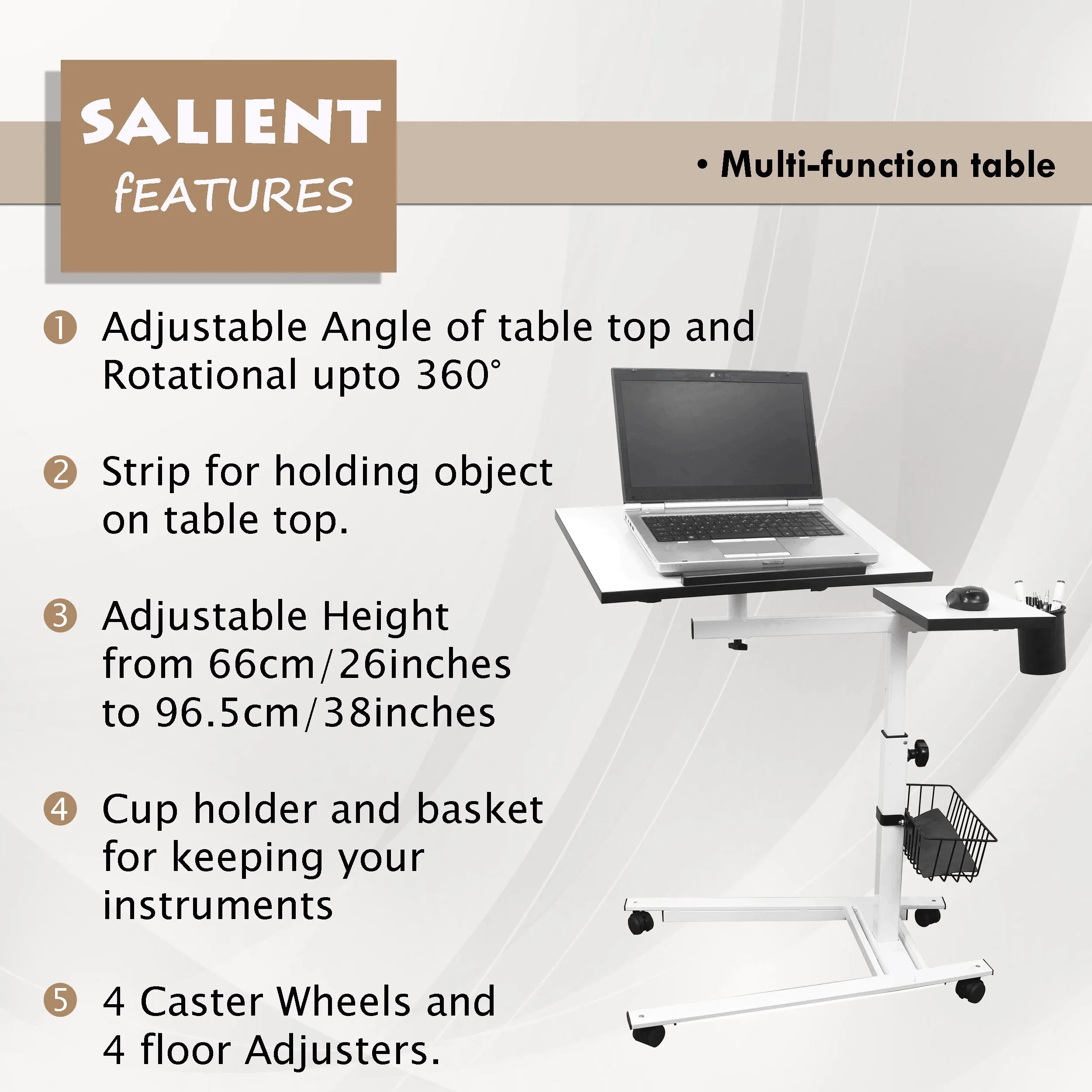 Isomars Metal 360° Rotatable Table Laptop Table Study Desk, Caster Lockable Wheels, & Height Adjustable for Breakfast Table, Work from Home & Online Classes
