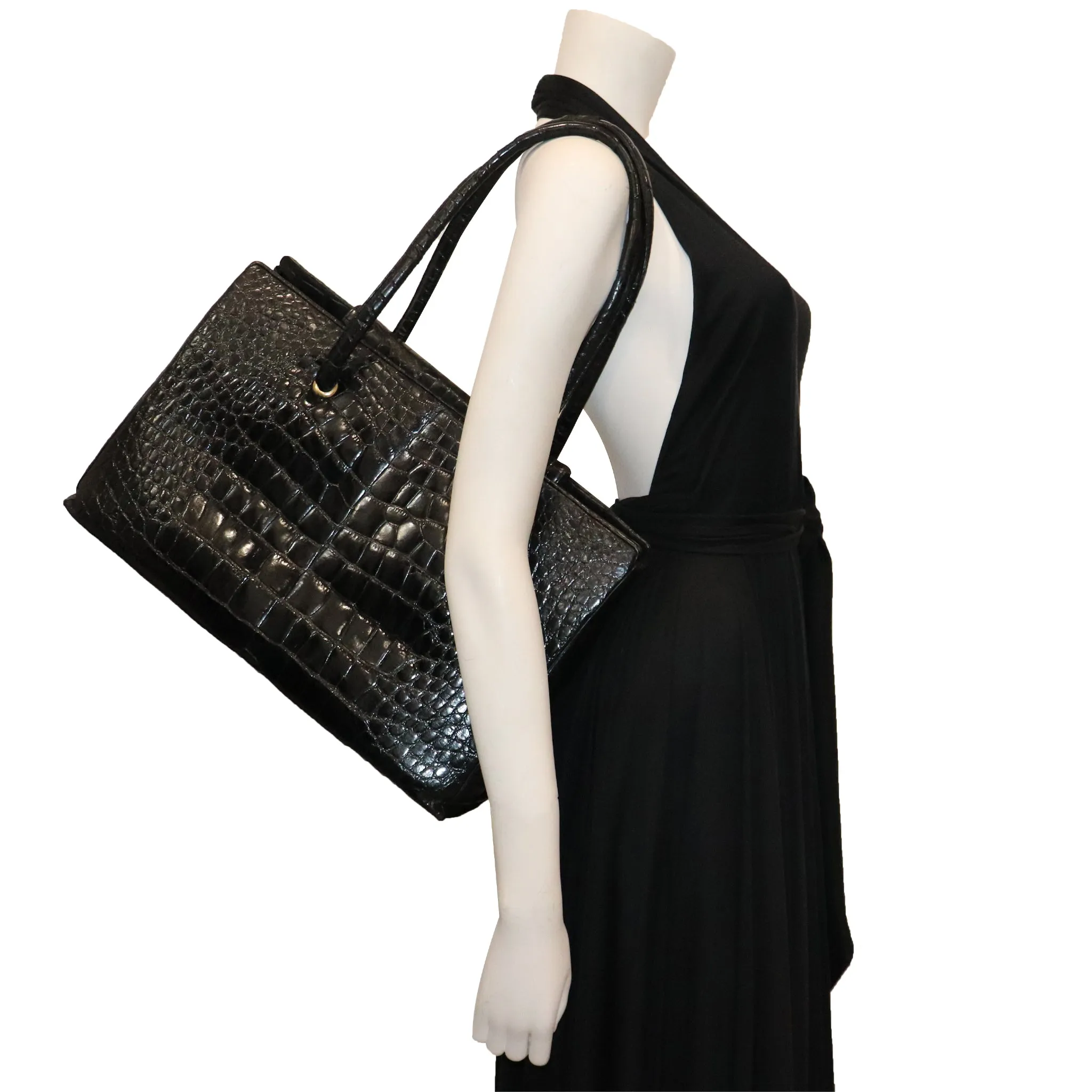 Judith Leiber Large Black Crocodile Purse with Snap Top