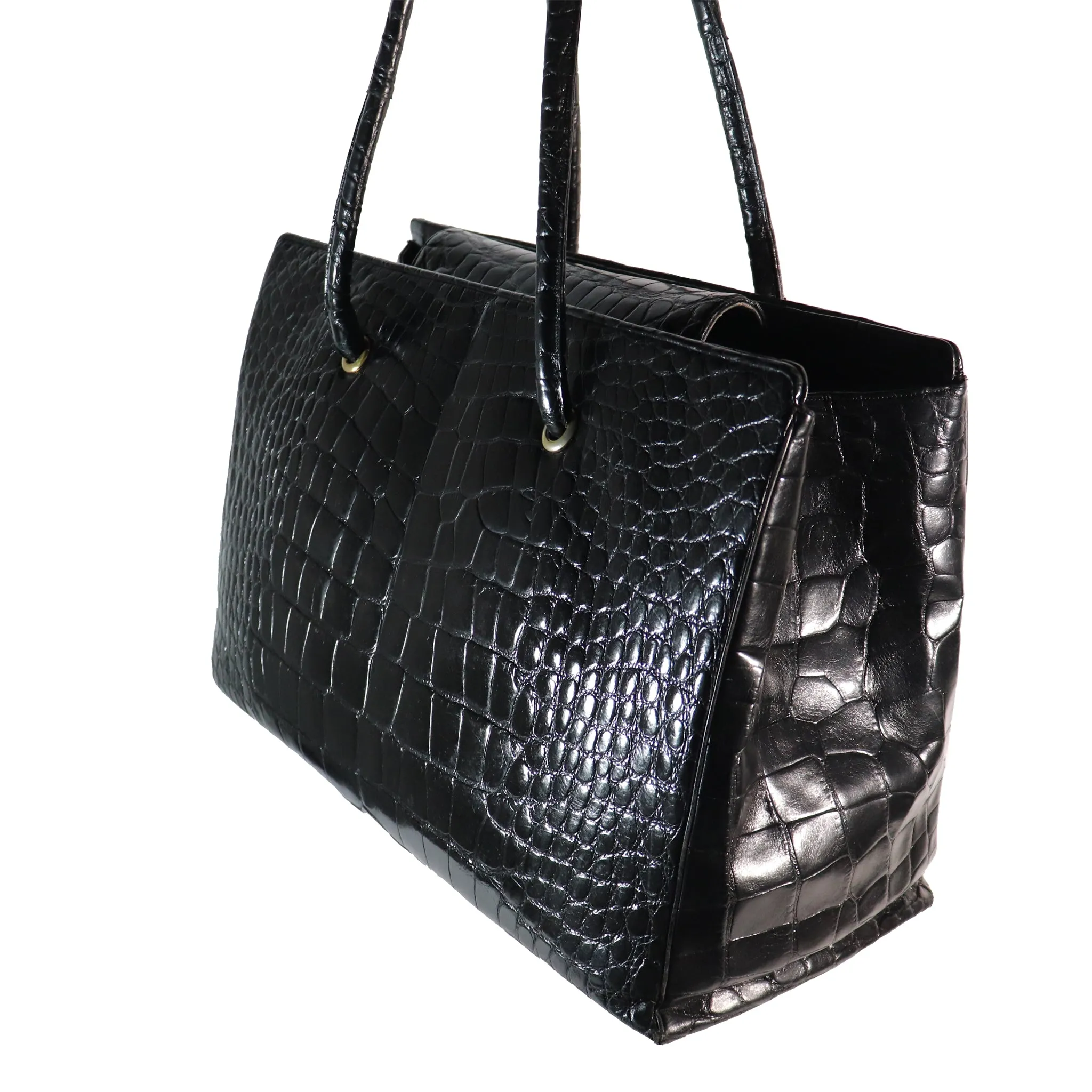 Judith Leiber Large Black Crocodile Purse with Snap Top