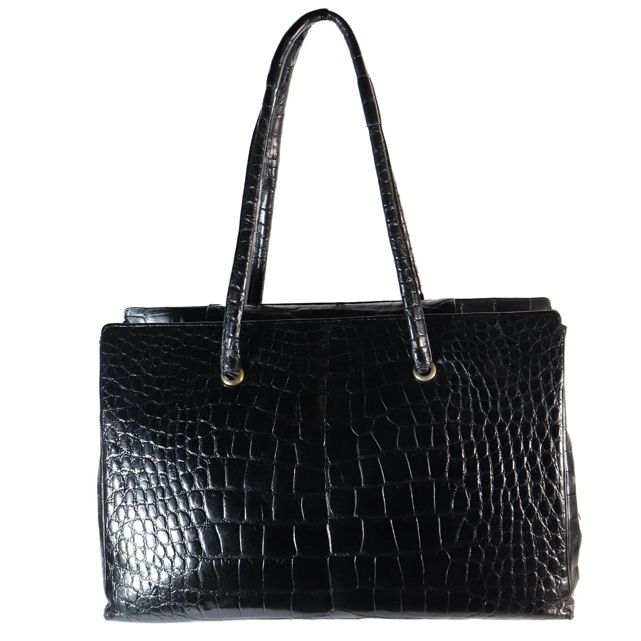 Judith Leiber Large Black Crocodile Purse with Snap Top