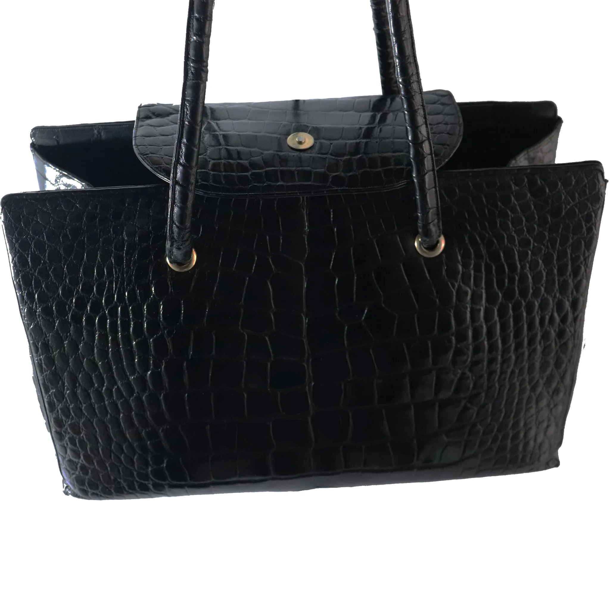 Judith Leiber Large Black Crocodile Purse with Snap Top