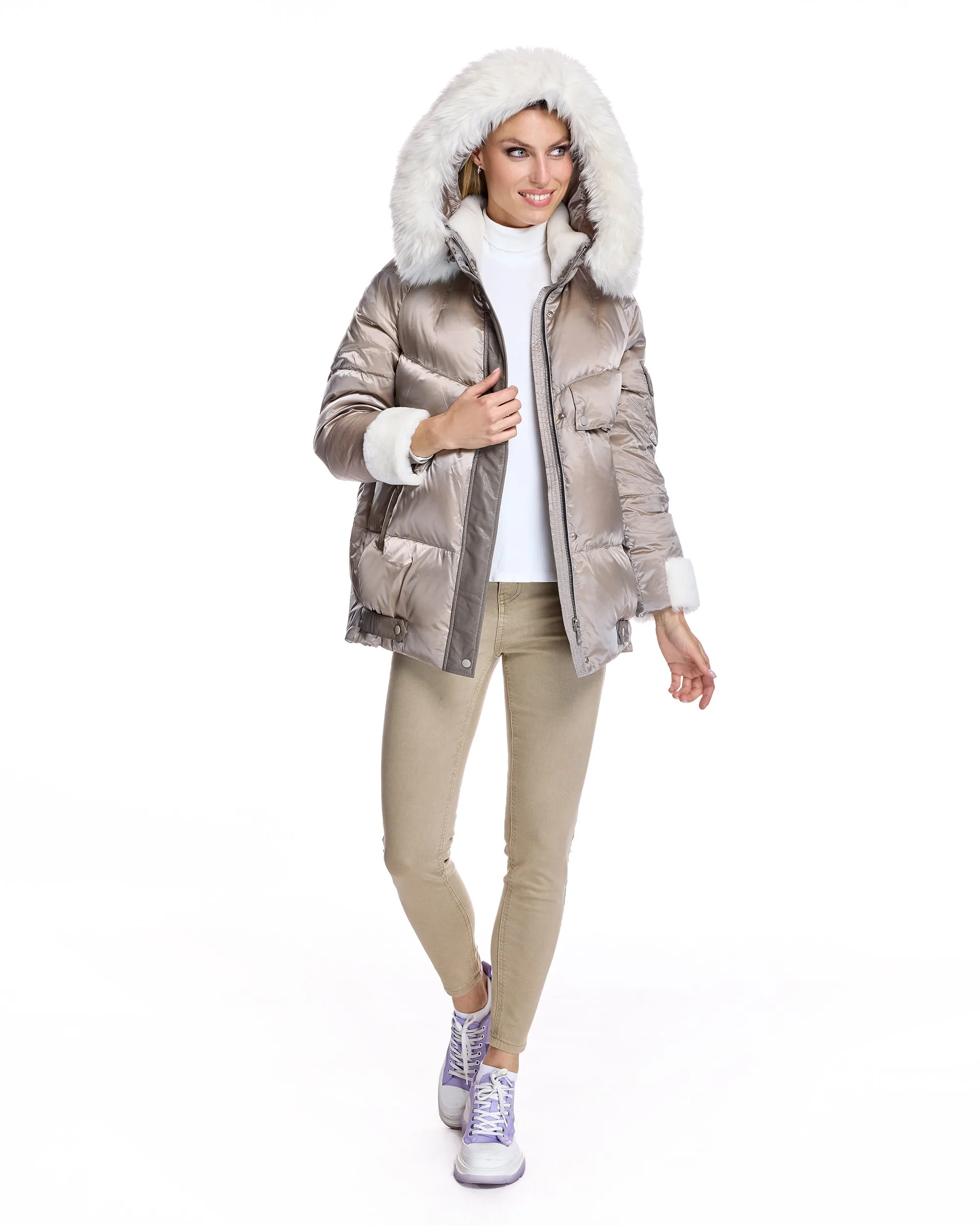 Julia & Stella by Maximilian Hooded Puffer with Lamb Trim