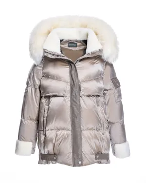 Julia & Stella by Maximilian Hooded Puffer with Lamb Trim