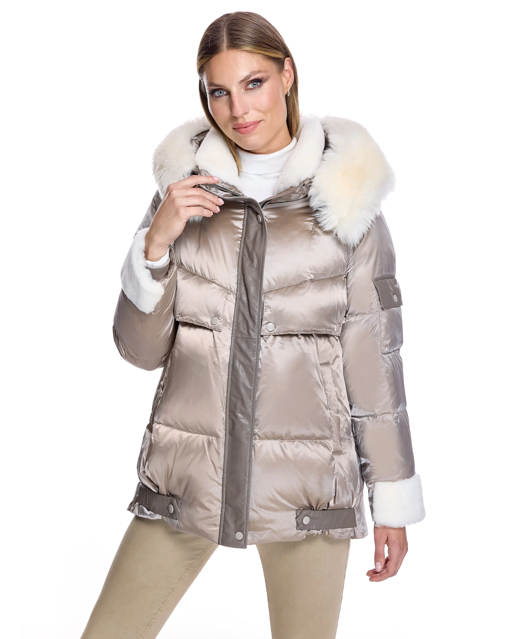 Julia & Stella by Maximilian Hooded Puffer with Lamb Trim