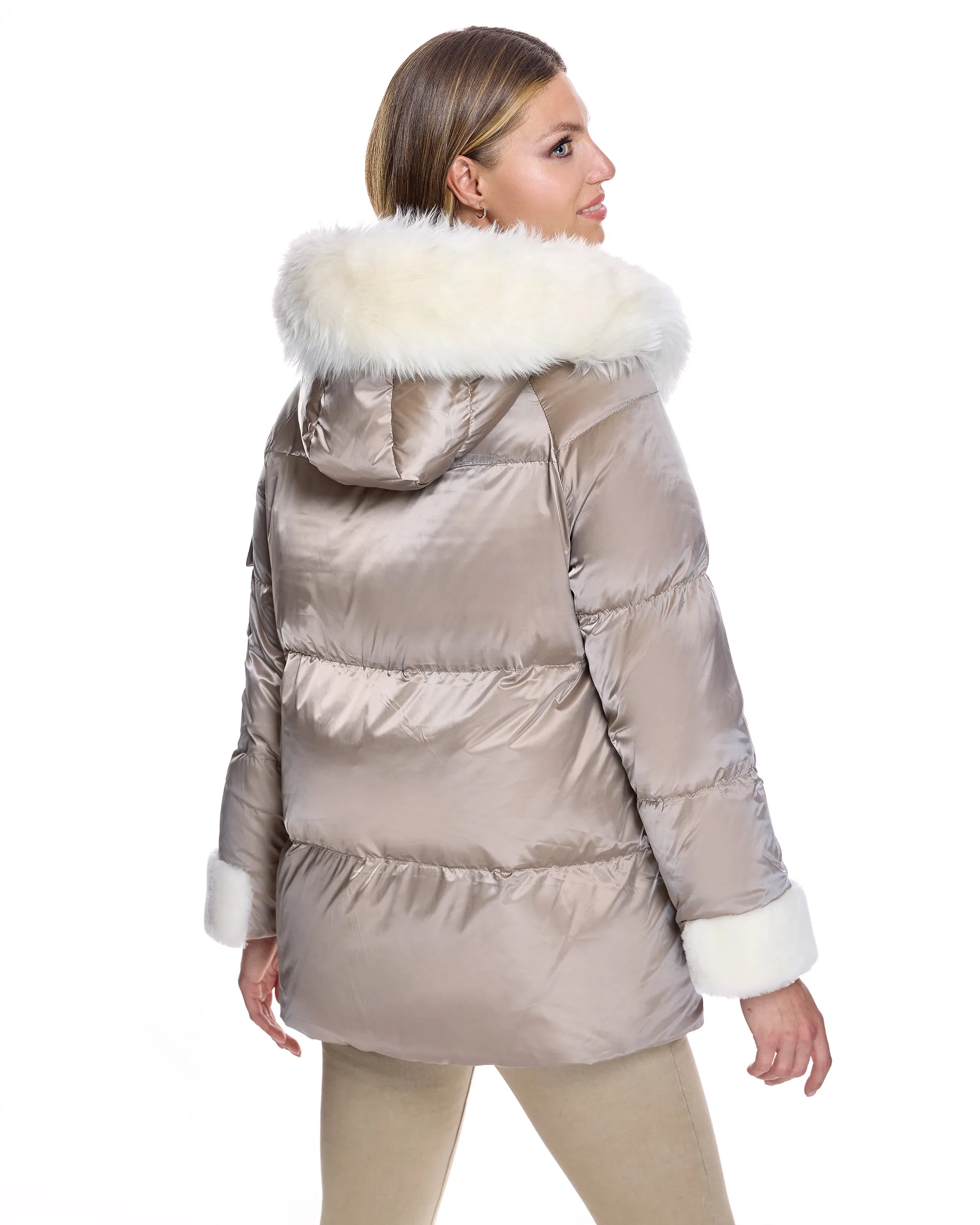 Julia & Stella by Maximilian Hooded Puffer with Lamb Trim