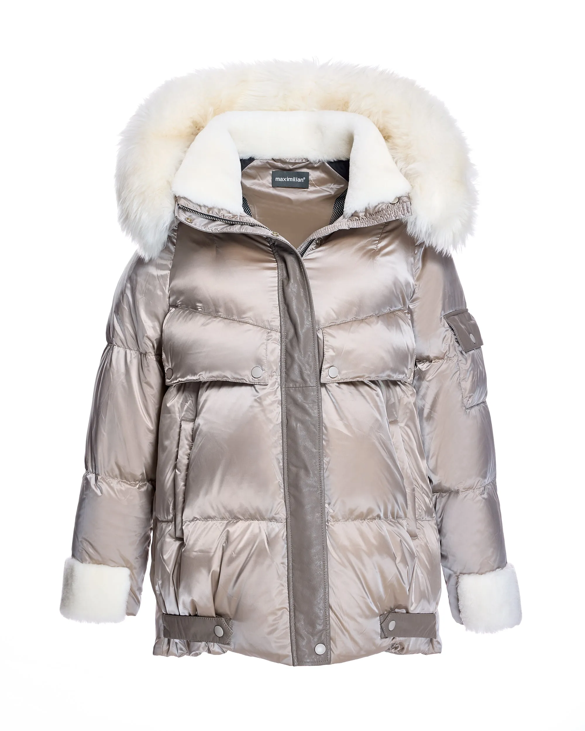 Julia & Stella by Maximilian Hooded Puffer with Lamb Trim