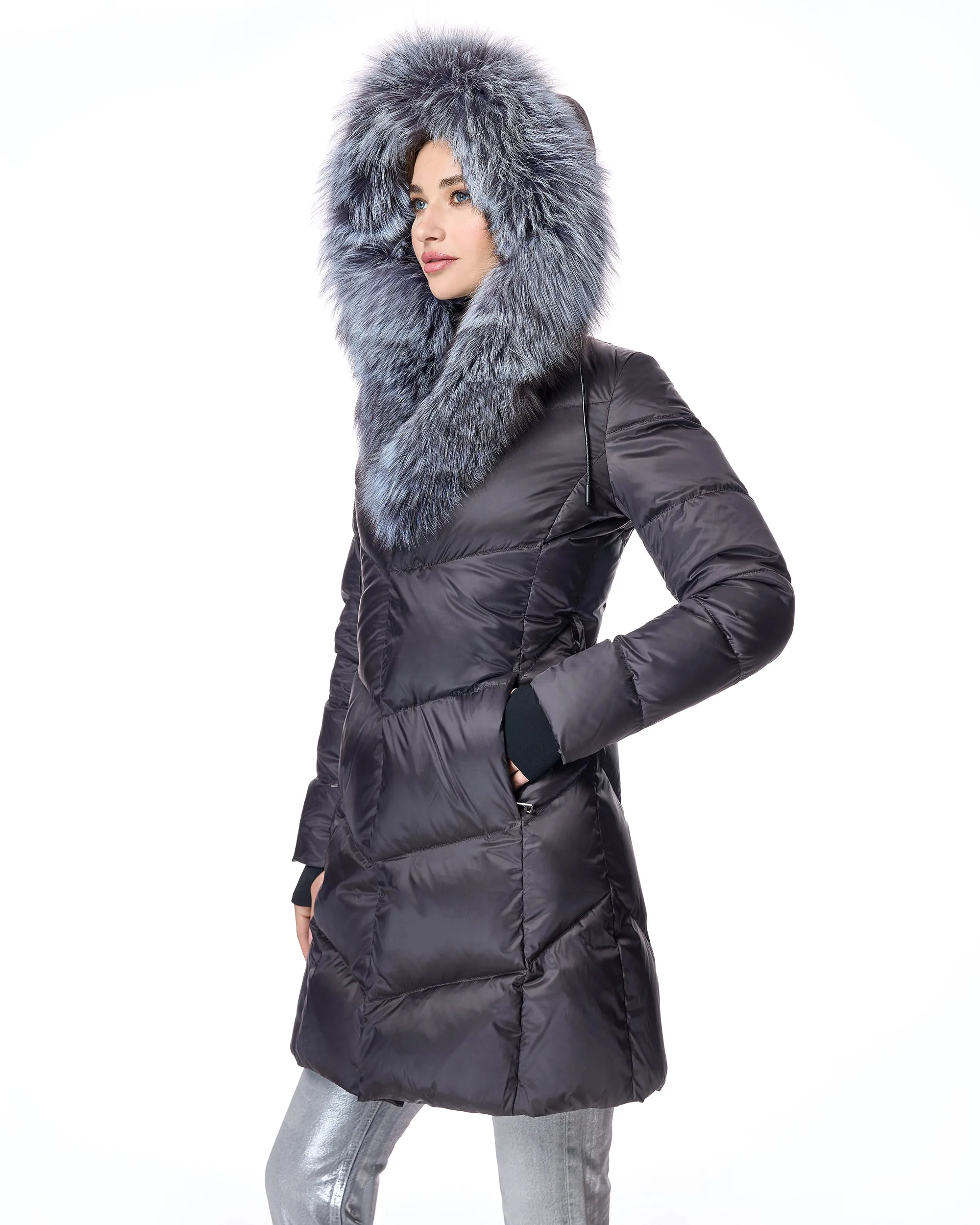 Julia & Stella Polyblend Jacket with Silver Fox Trimmed Hood