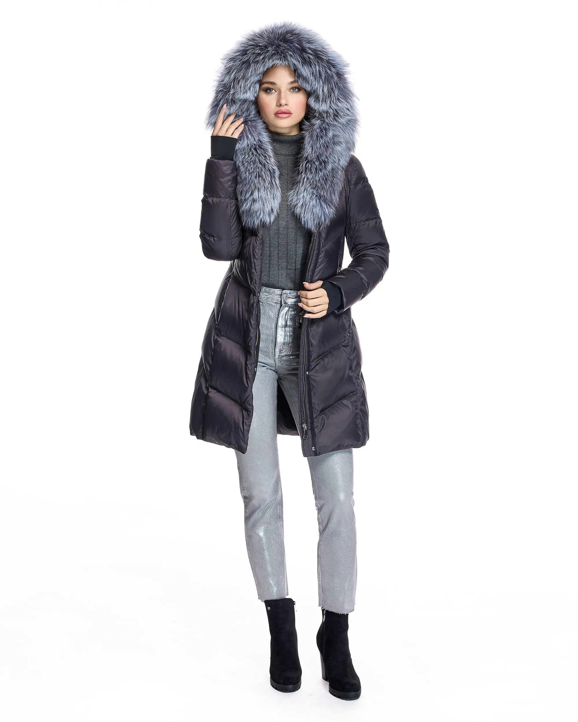 Julia & Stella Polyblend Jacket with Silver Fox Trimmed Hood