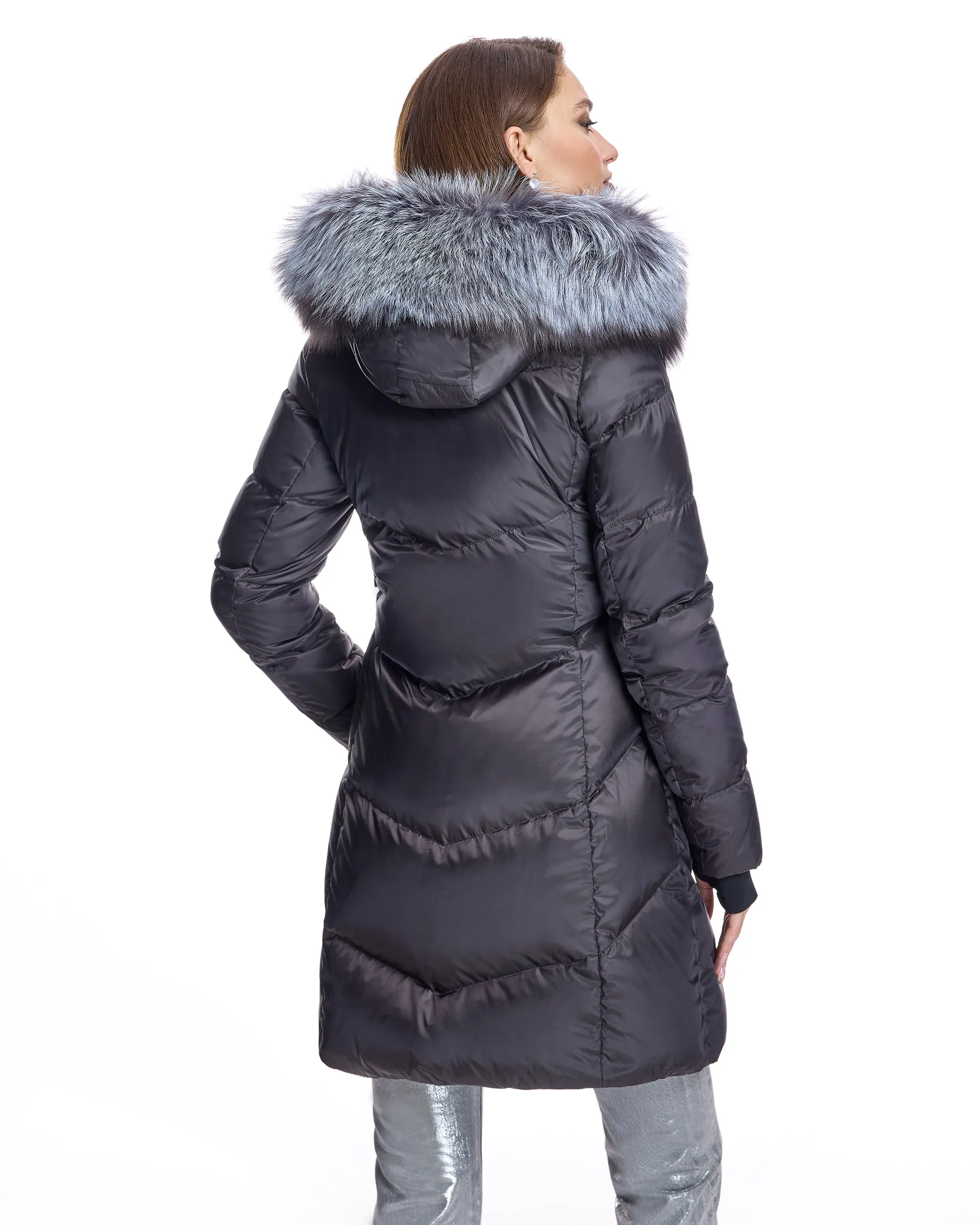 Julia & Stella Polyblend Jacket with Silver Fox Trimmed Hood