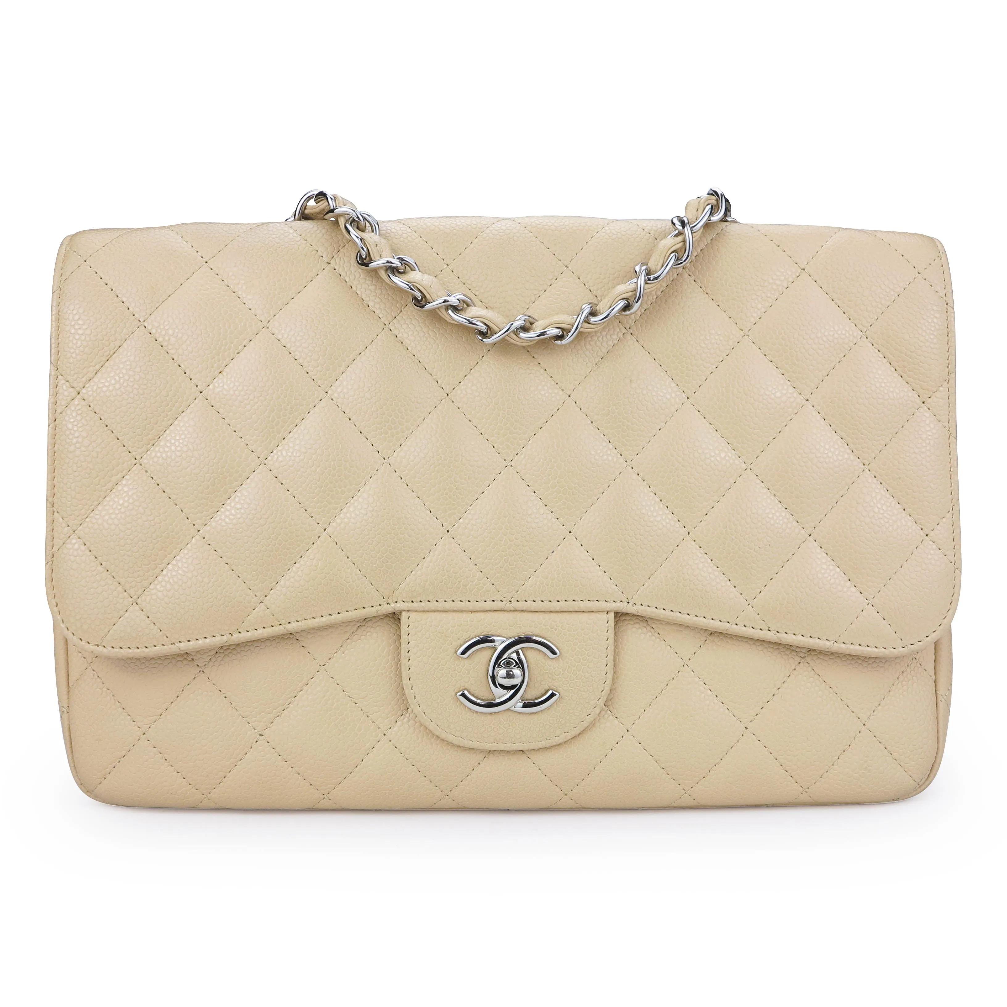 Jumbo Classic Single Flap Bag in Beige Clair Caviar SHW