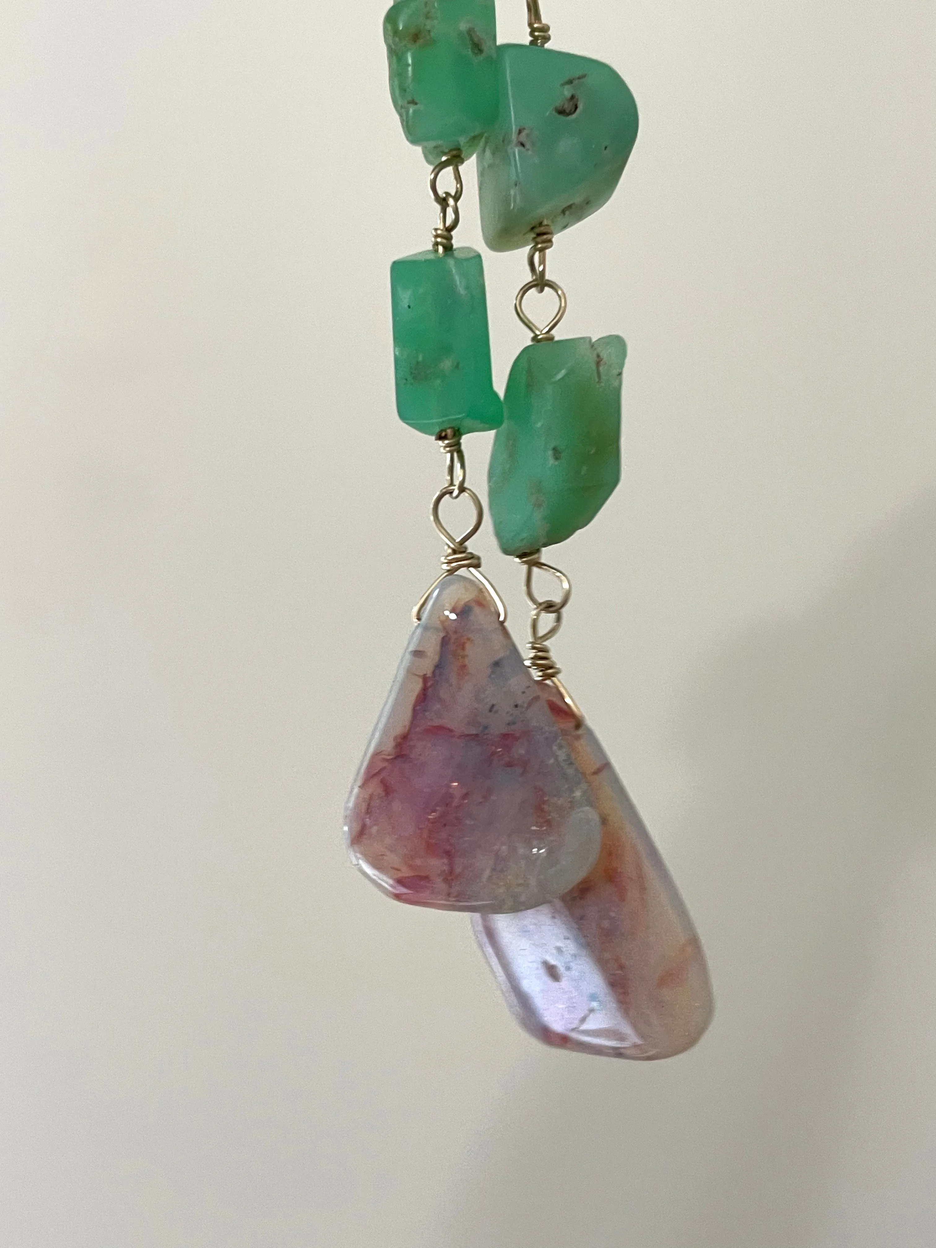 Large Opal Dangle  Earrings with Chrysoprase Gold Filled