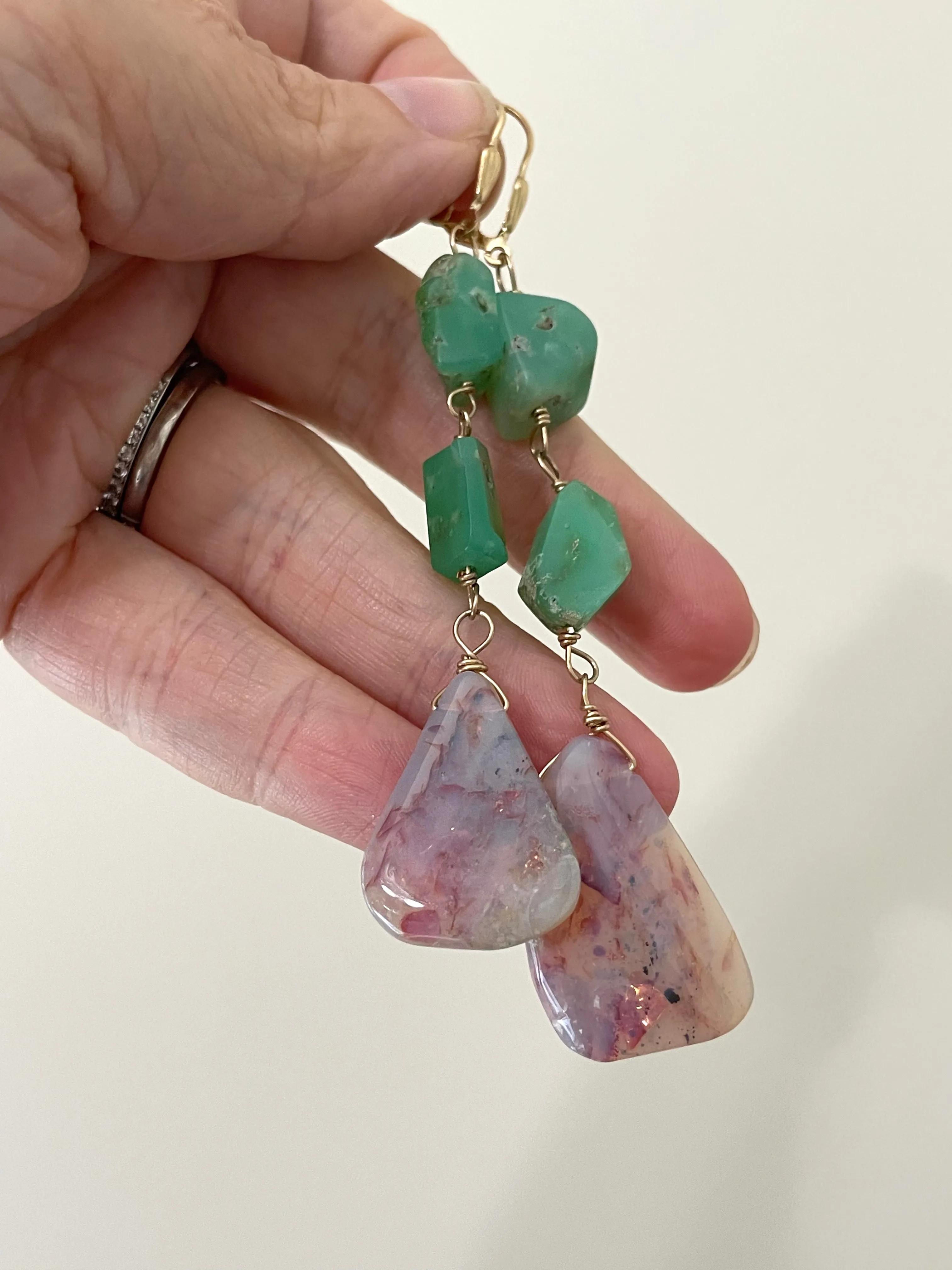 Large Opal Dangle  Earrings with Chrysoprase Gold Filled